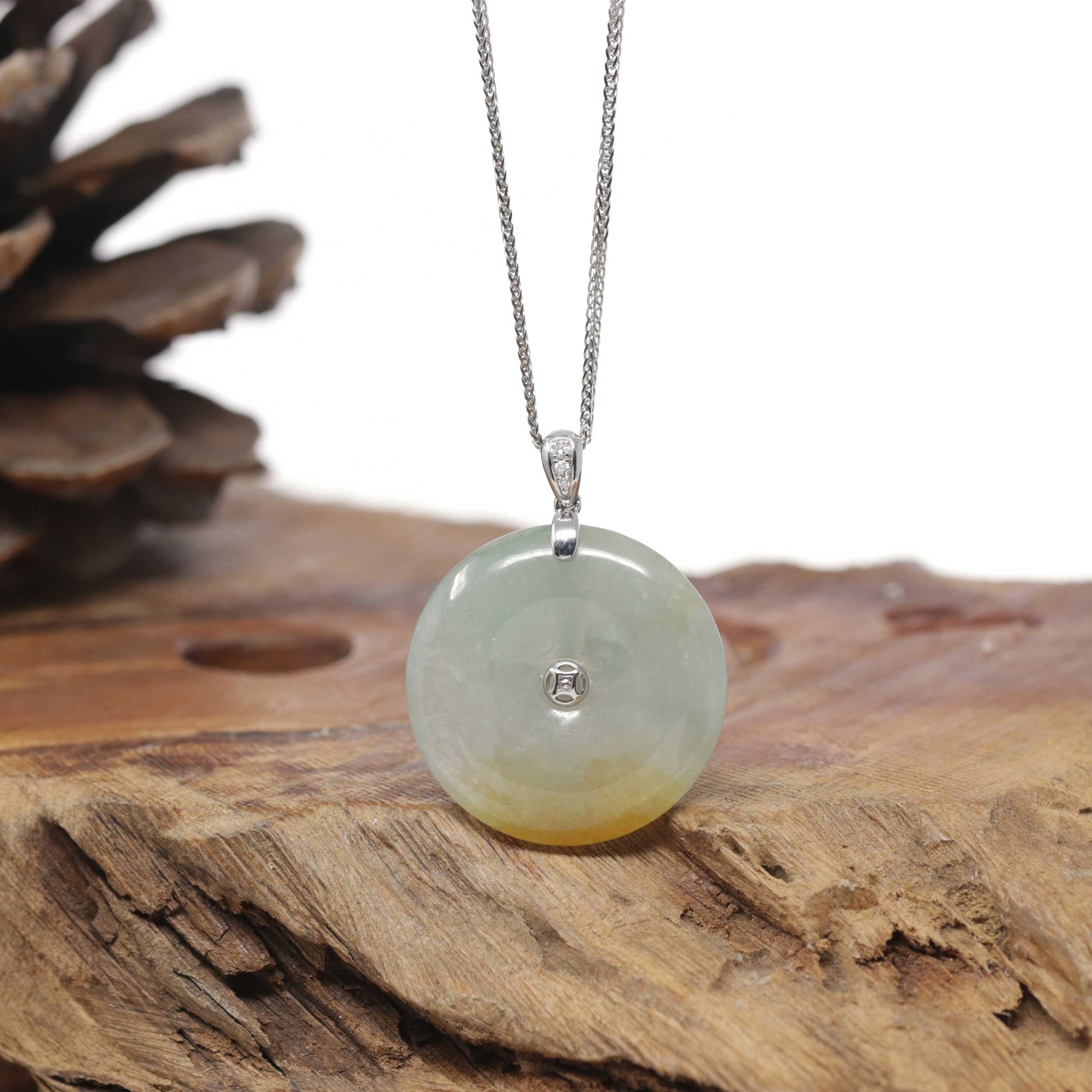 Baikalla Natural Icy Green &amp; Yellow Patch Jadeite Jade "Ping An Kou" (Good Luck Button) Pendant W/ 18kw Gold &amp; Natural Diamonds