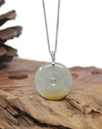 Baikalla Natural Icy Green & Yellow Patch Jadeite Jade "Ping An Kou" (Good Luck Button) Pendant W/ 18kw Gold & Natural Diamonds