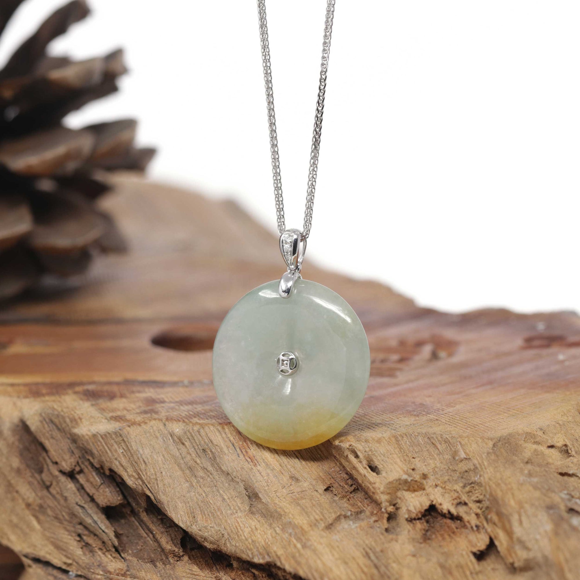 Baikalla Natural Icy Green &amp; Yellow Patch Jadeite Jade "Ping An Kou" (Good Luck Button) Pendant W/ 18kw Gold &amp; Natural Diamonds