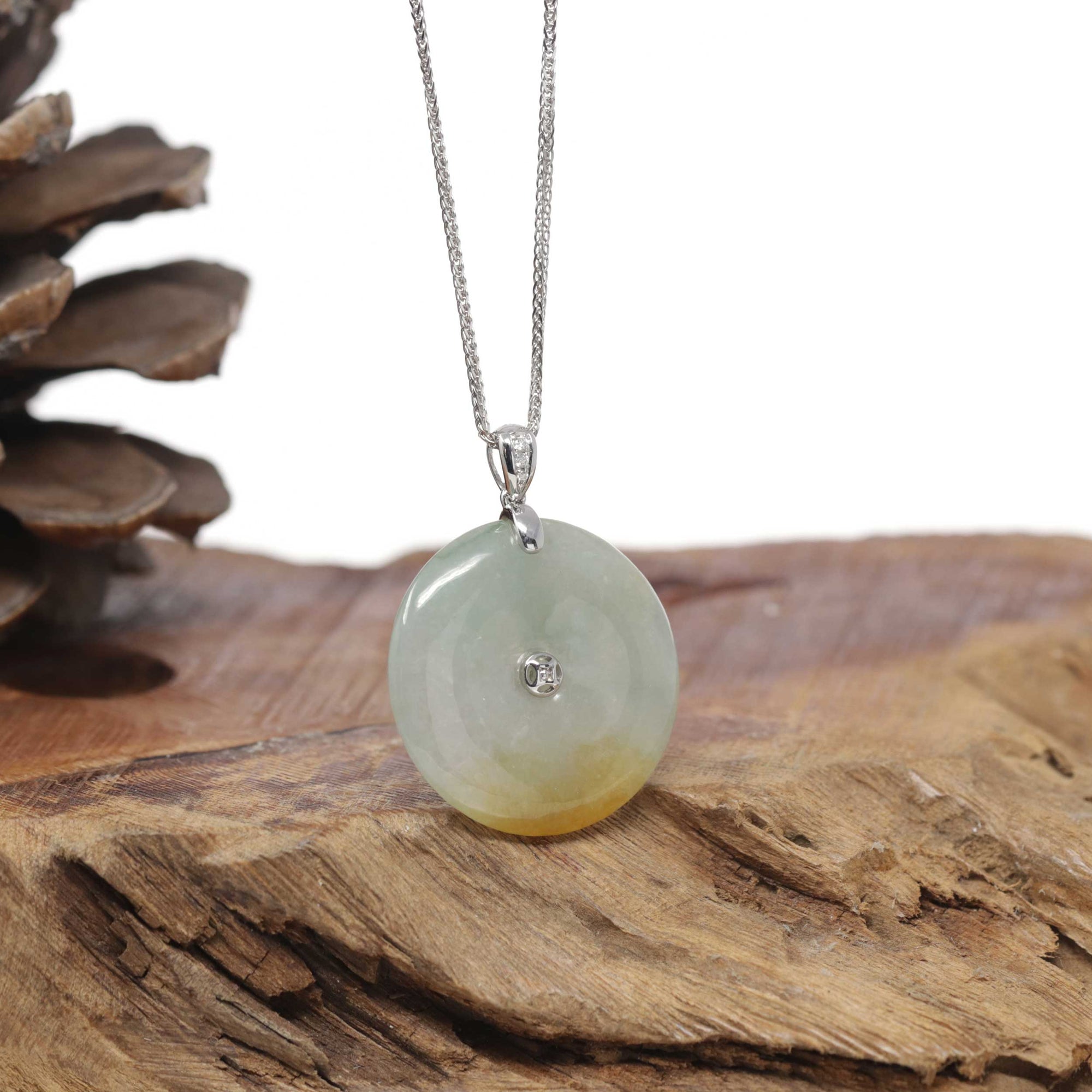 Baikalla Natural Icy Green &amp; Yellow Patch Jadeite Jade "Ping An Kou" (Good Luck Button) Pendant W/ 18kw Gold &amp; Natural Diamonds