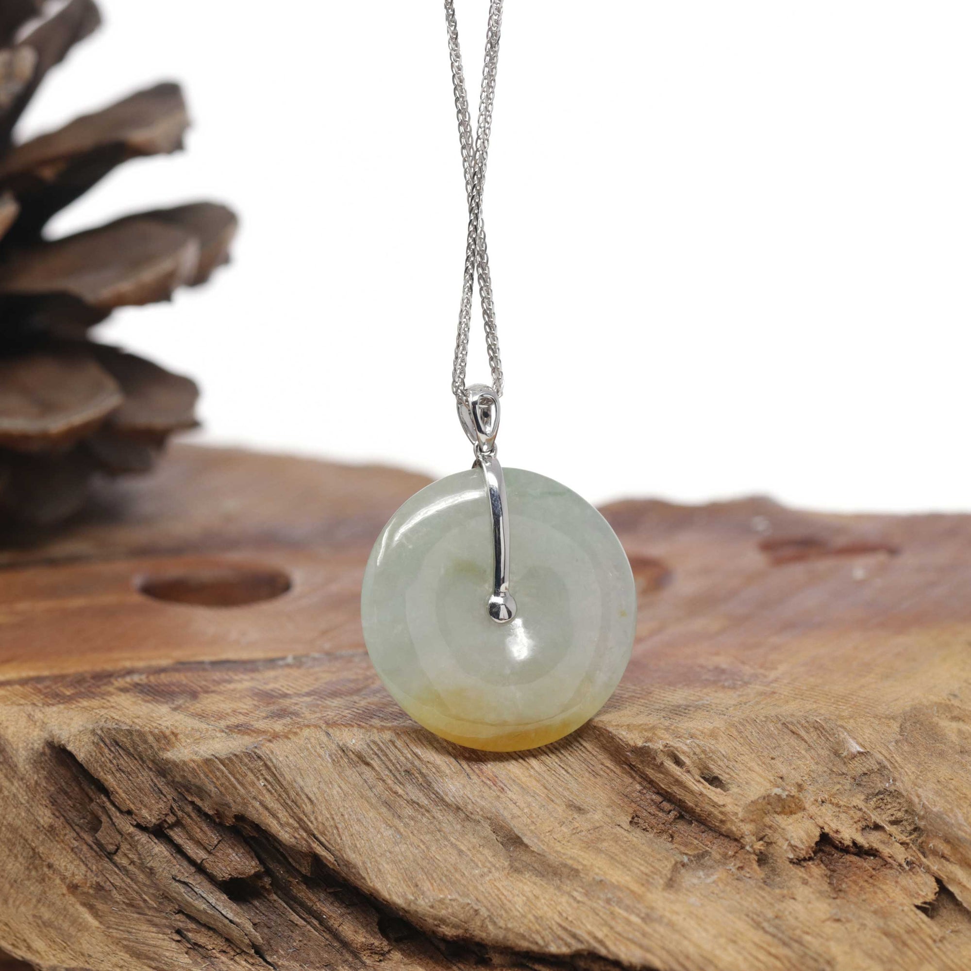 Baikalla Natural Icy Green &amp; Yellow Patch Jadeite Jade "Ping An Kou" (Good Luck Button) Pendant W/ 18kw Gold &amp; Natural Diamonds