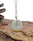 Baikalla Natural Icy Green & Yellow Patch Jadeite Jade "Ping An Kou" (Good Luck Button) Pendant W/ 18kw Gold & Natural Diamonds