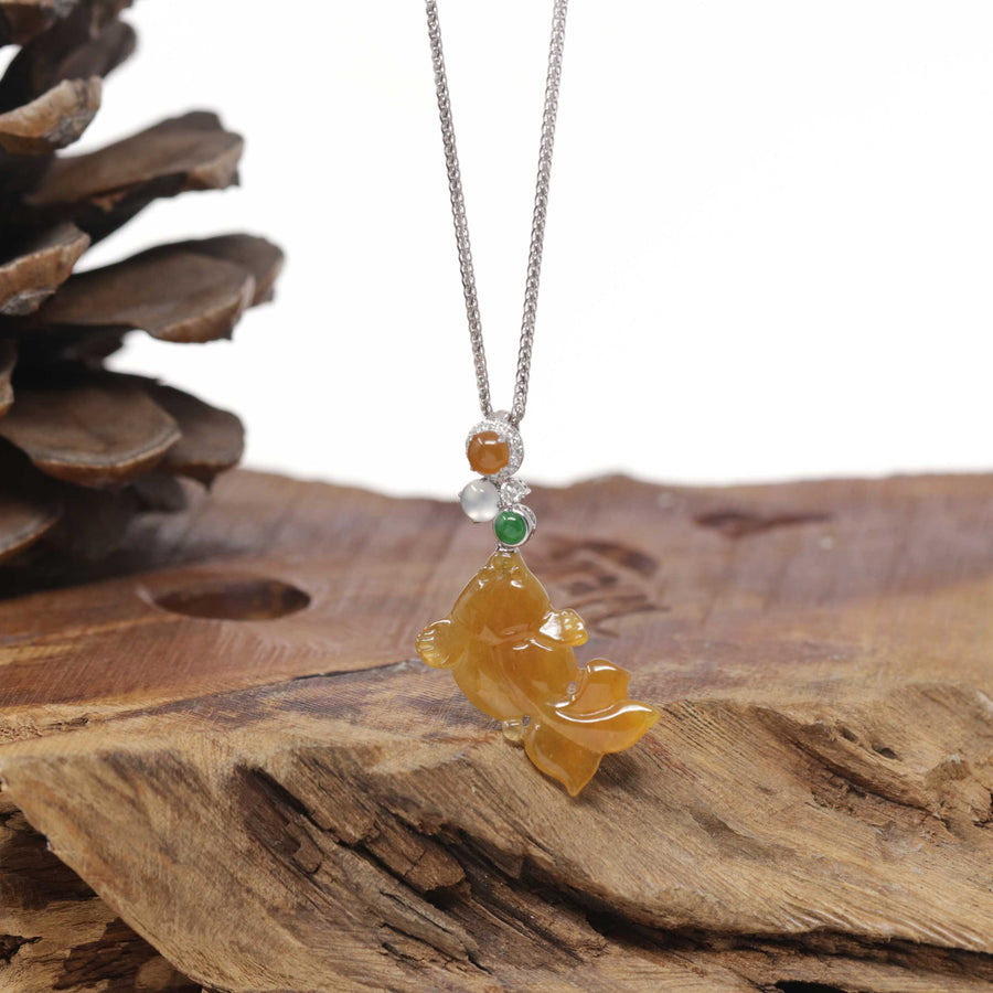 Baikalla Natural Icy Orange-Red Jadeite Jade "Lucky Fish" Pendant W/ 18kw Gold Bail & Natural Diamonds
