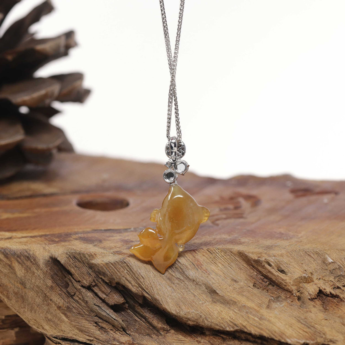 Baikalla Natural Icy Orange-Red Jadeite Jade "Lucky Fish" Pendant W/ 18kw Gold Bail &amp; Natural Diamonds