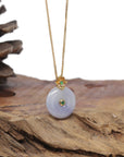 Baikalla Natural Lavender Jadeite Jade "Ping An Kou" (Good Luck Button) Pendant W/ 18ky Gold Bail & Natural Diamonds