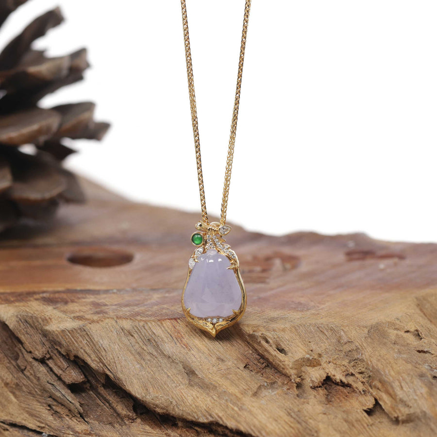 Baikalla Natural Icy Light Lavender Jadeite Jade "Melon" Pendant W/ 18ky Gold Bail & Natural Diamonds