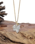 Baikalla Natural Icy Light Blue-Green Flower Jadeite Jade "Maple Leaf" Pendant W/ 18ky Gold Bail & Natural Diamonds