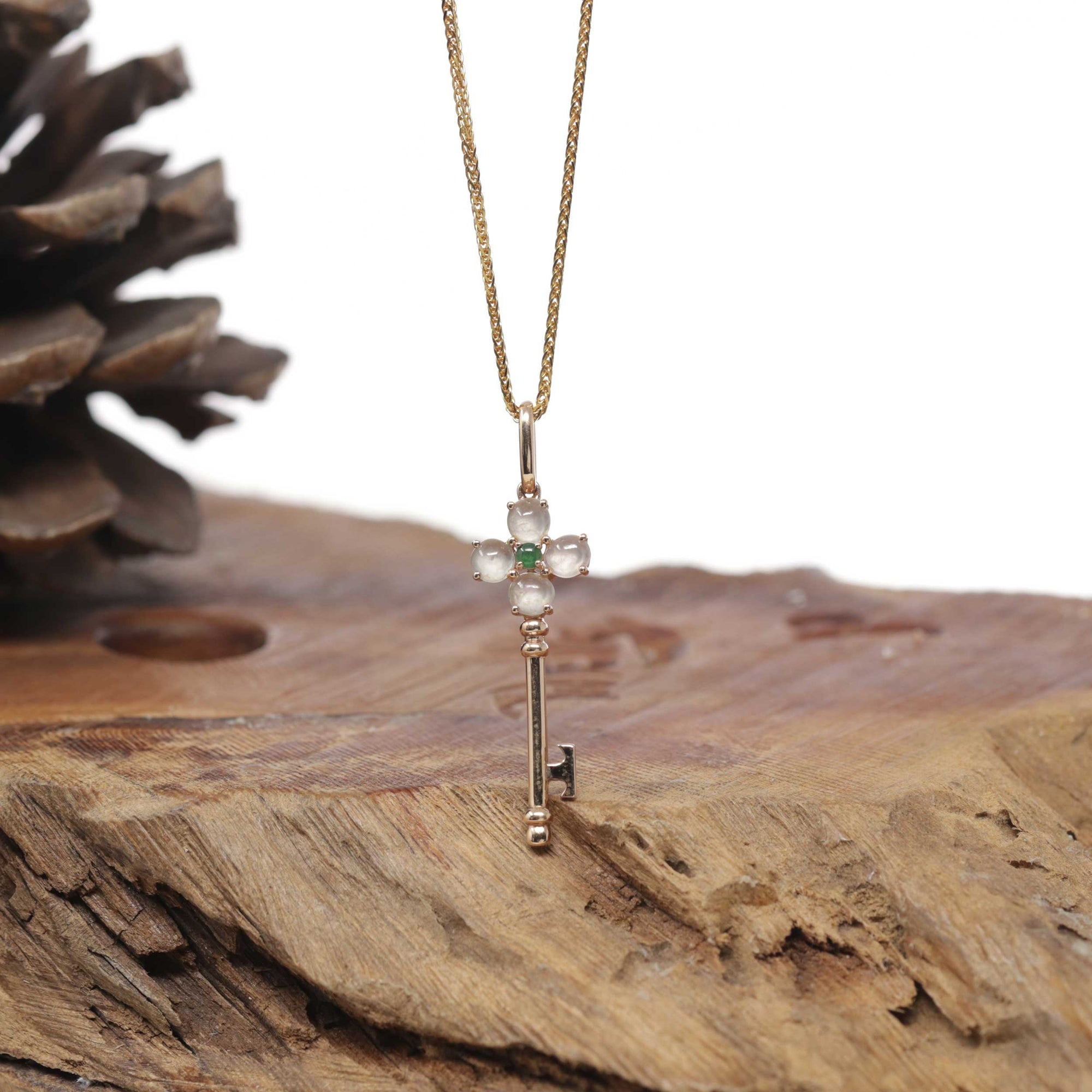 Baikalla Natural Icy Jadeite Jade "Good Luck Key" Pendant W/ 18kr Gold Bail &amp; Imperial Green Jade