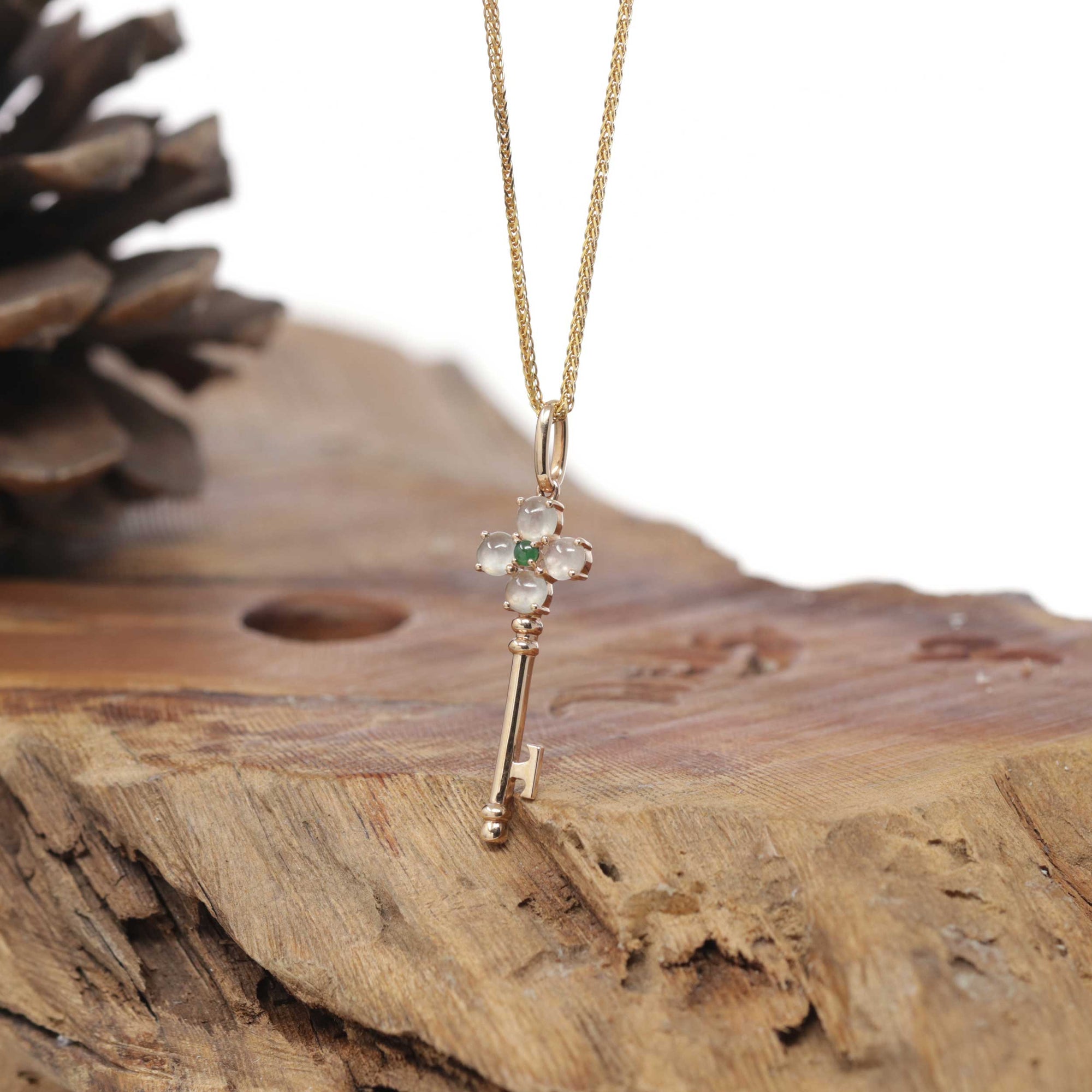 Baikalla Natural Icy Jadeite Jade "Good Luck Key" Pendant W/ 18kr Gold Bail &amp; Imperial Green Jade