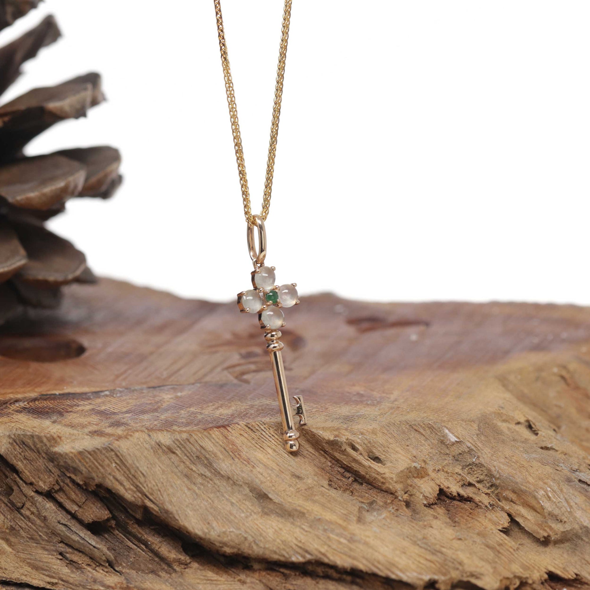 Baikalla Natural Icy Jadeite Jade "Good Luck Key" Pendant W/ 18kr Gold Bail &amp; Imperial Green Jade