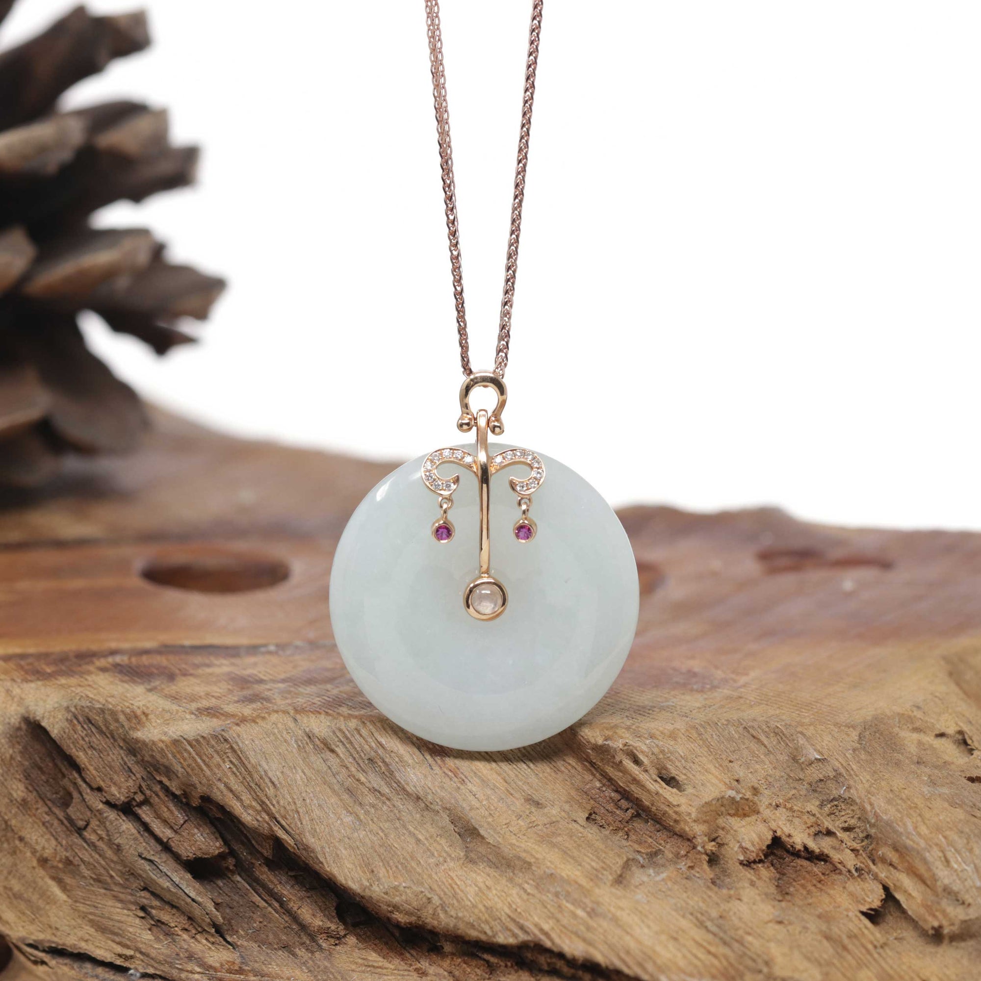 18k Rose Gold Natural Light Green Jadeite Constellation (Libra) Pendant Necklace