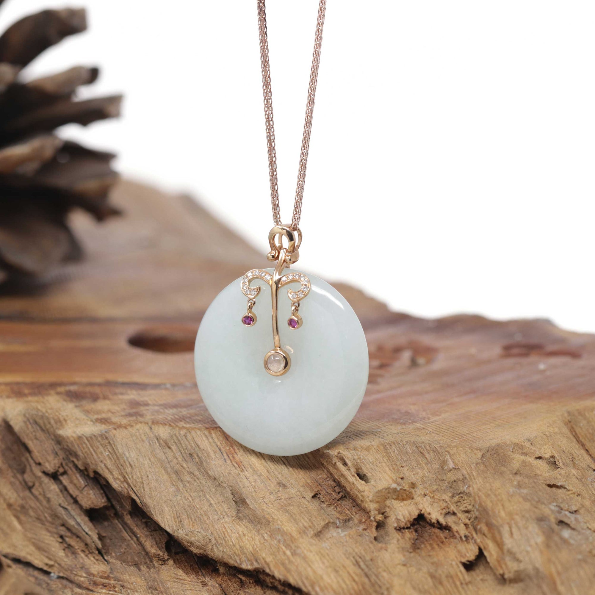 18k Rose Gold Natural Light Green Jadeite Constellation (Libra) Pendant Necklace