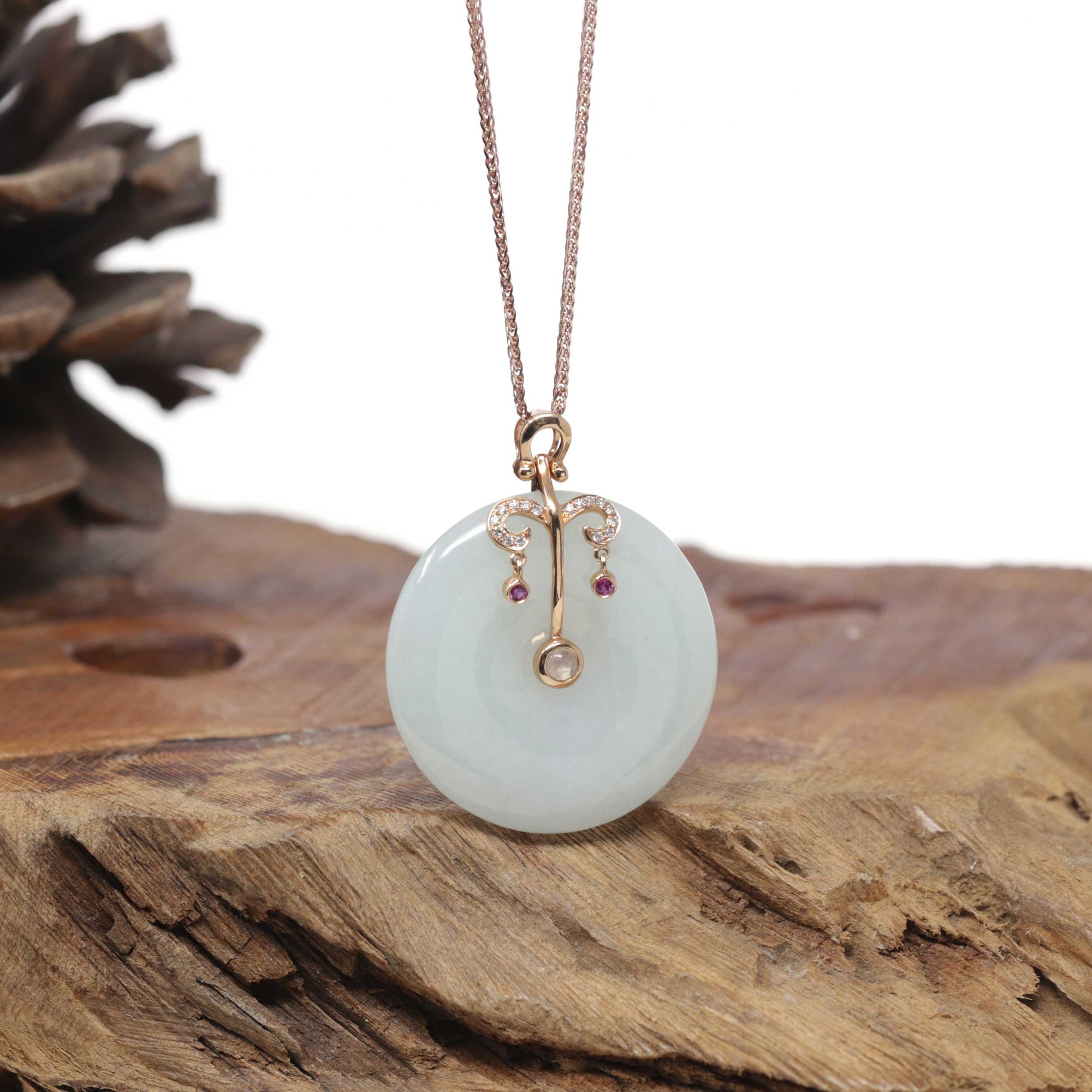 18k Rose Gold Natural Light Green Jadeite Constellation (Libra) Pendant Necklace