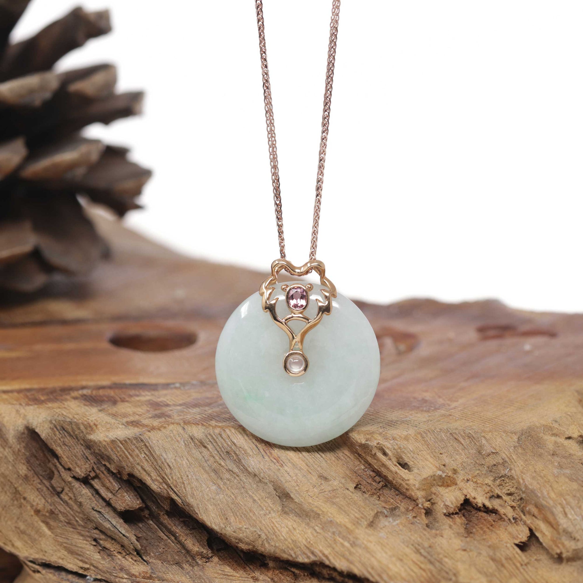 Baikalla Natural Light Green Jadeite Jade Pendant W/ 18kr Gold Constellation (Leo) Bail &amp; Tourmaline