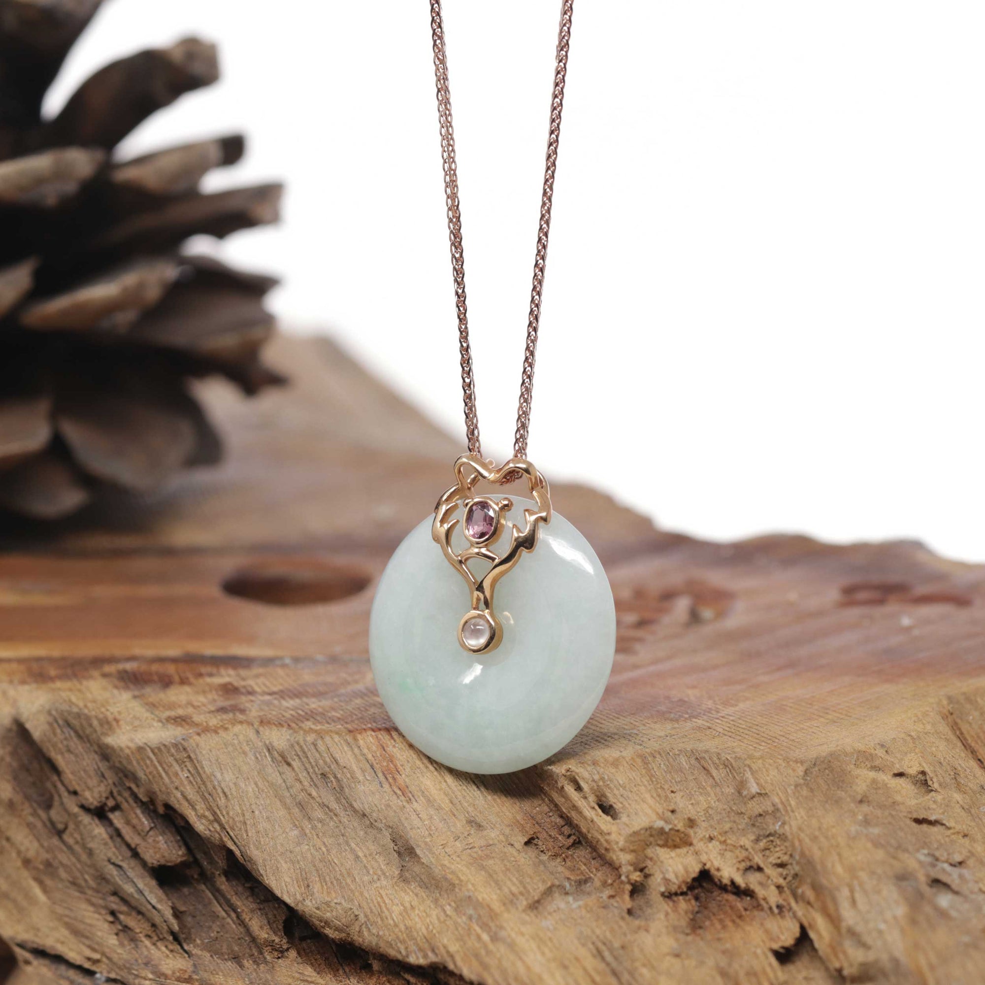 18k Rose Gold Natural Light Green Jadeite Constellation (Leo) Pendant W/ Tourmaline