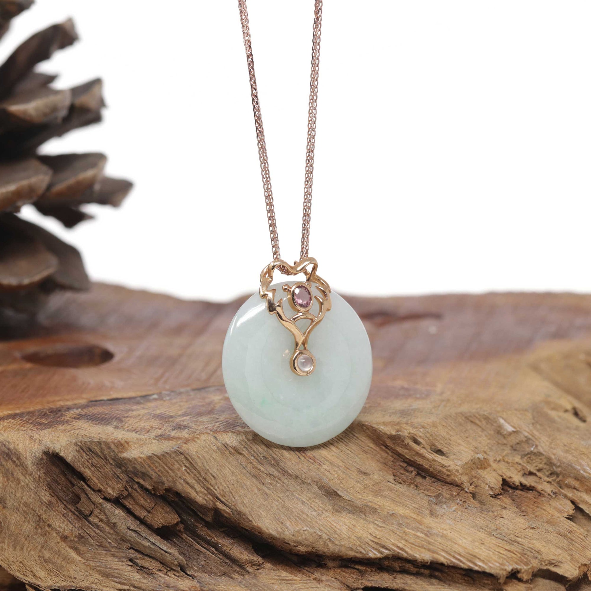 18k Rose Gold Natural Light Green Jadeite Constellation (Leo) Pendant W/ Tourmaline