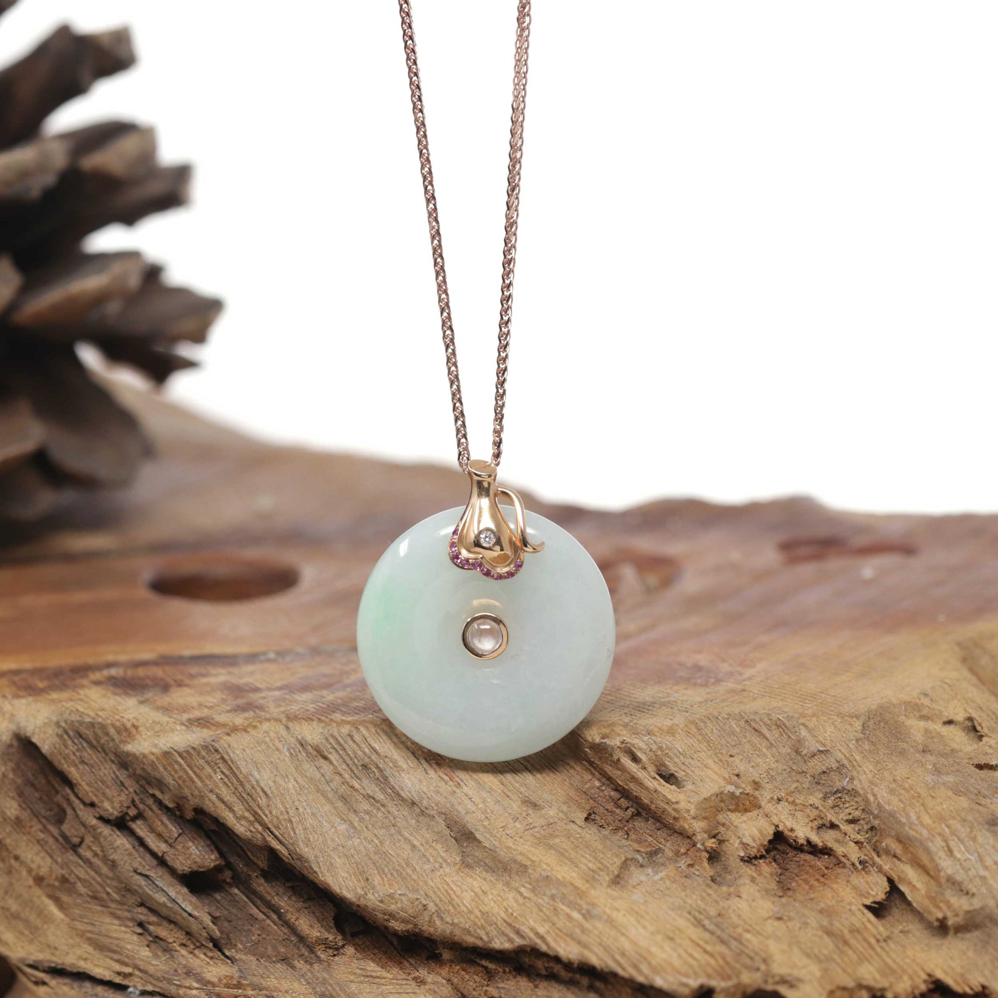 18k Rose Gold Natural Green Jadeite Jade Constellation (Aquarius) Necklace Pendant W/ Diamonds &amp; Ruby