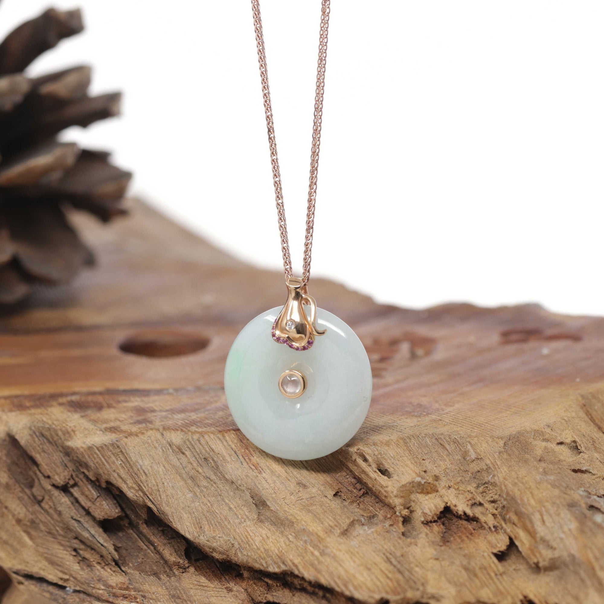 18k Rose Gold Natural Green Jadeite Jade Constellation (Aquarius) Necklace Pendant W/ Diamonds &amp; Ruby