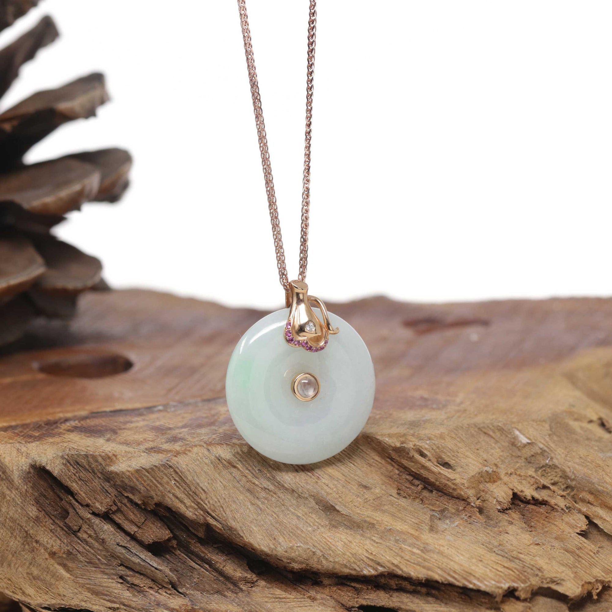 18k Rose Gold Natural Green Jadeite Jade Constellation (Aquarius) Necklace Pendant W/ Diamonds &amp; Ruby