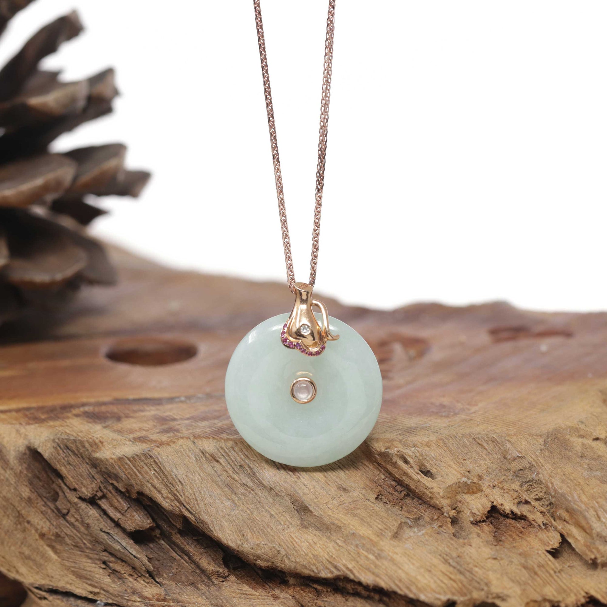 18k Rose Gold Genuine Burmese Jadeite Constellation (Aquarius) Necklace Pendant with Diamonds &amp; Ruby