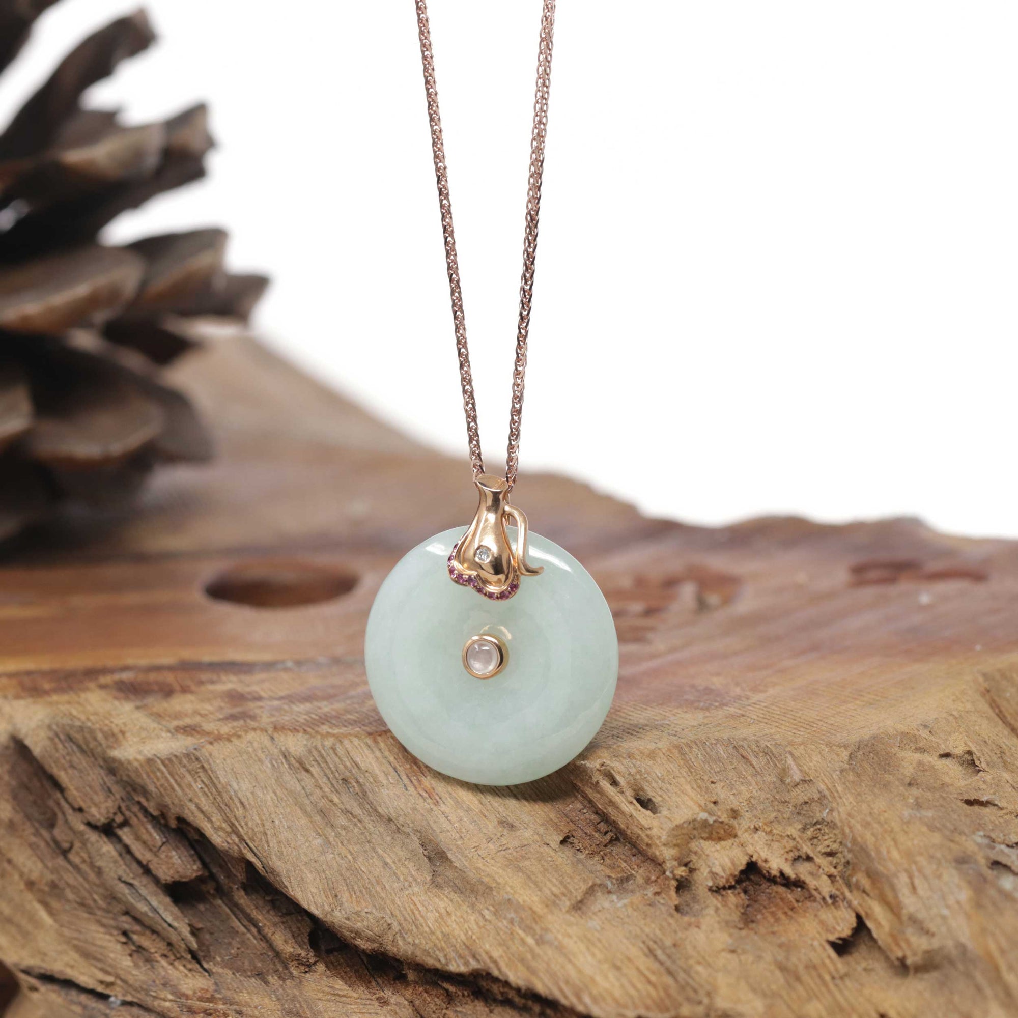 18k Rose Gold Genuine Burmese Jadeite Constellation (Aquarius) Necklace Pendant with Diamonds &amp; Ruby