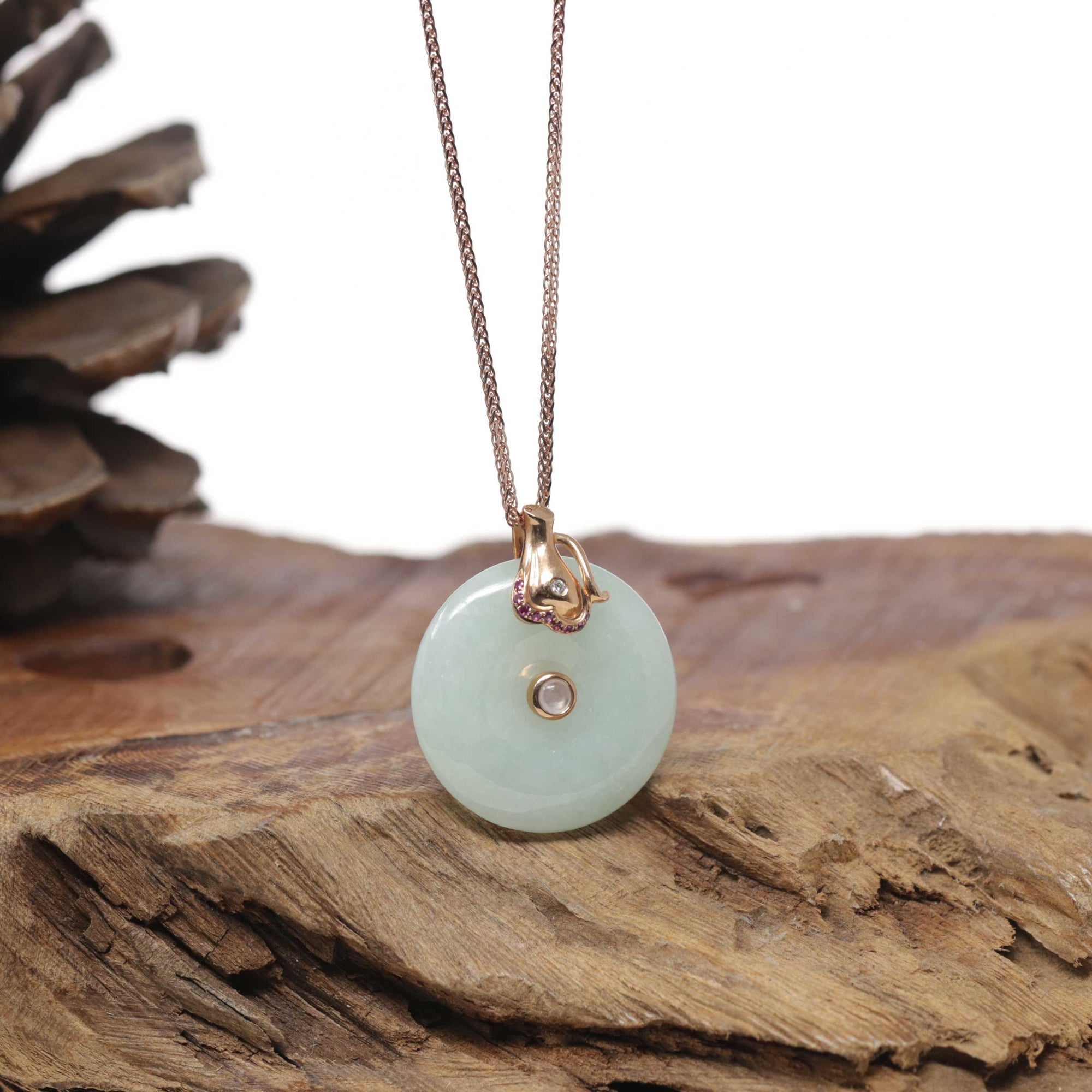 18k Rose Gold Genuine Burmese Jadeite Constellation (Aquarius) Necklace Pendant with Diamonds &amp; Ruby