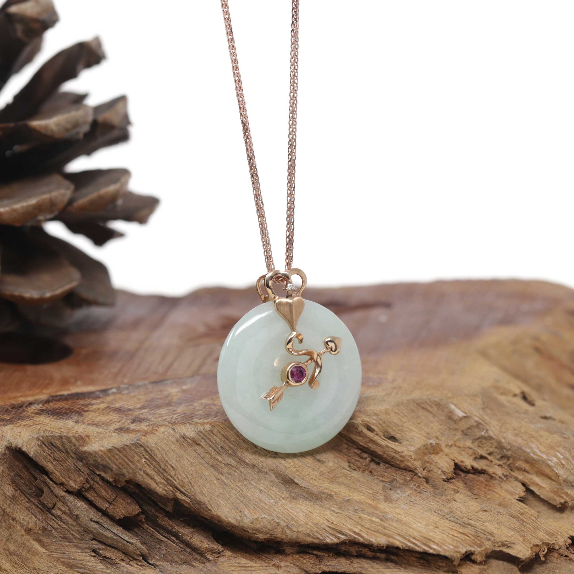 18k Rose Gold Natural Light Green Jadeite Jade 12 Zodiac Signs (Sagittarius) Necklace