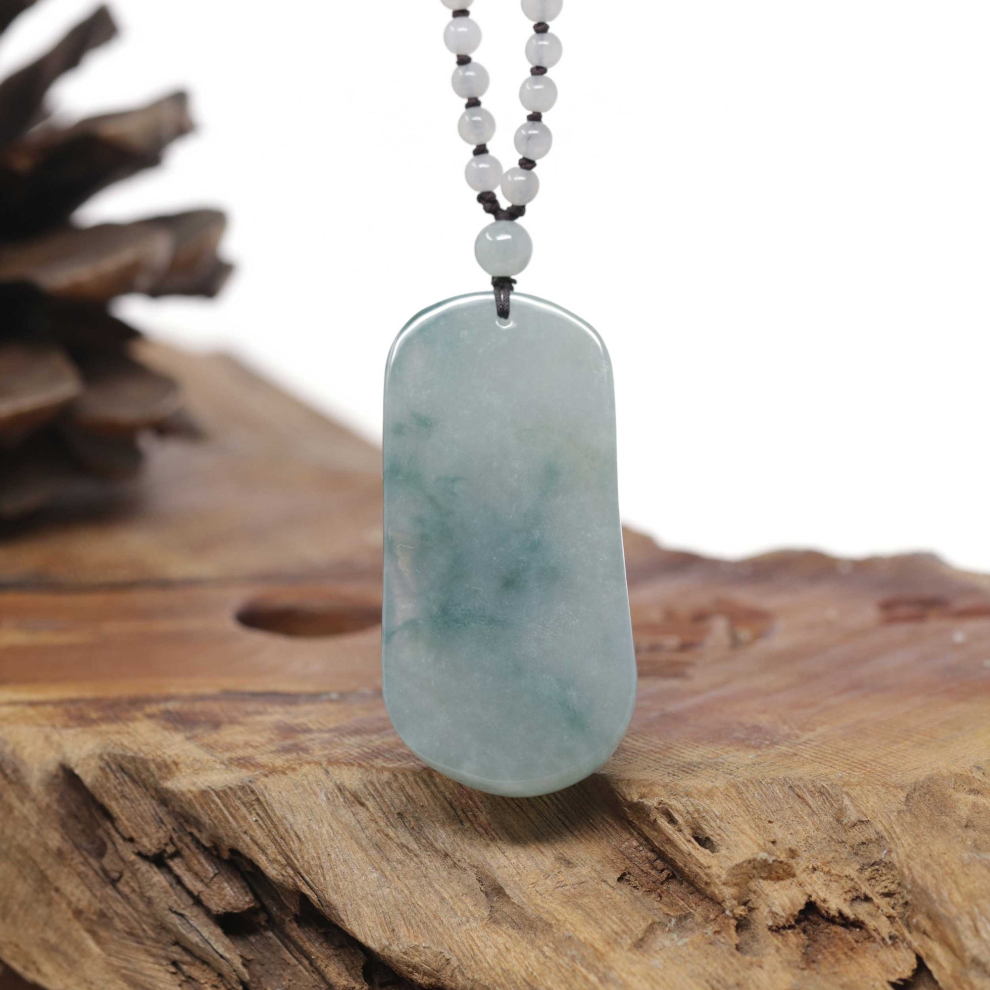 Baikalla Natural Icy Blue-Green Jadeite Jade "Happy Buddha &amp; Bat" Pendant W/ Beaded Necklace