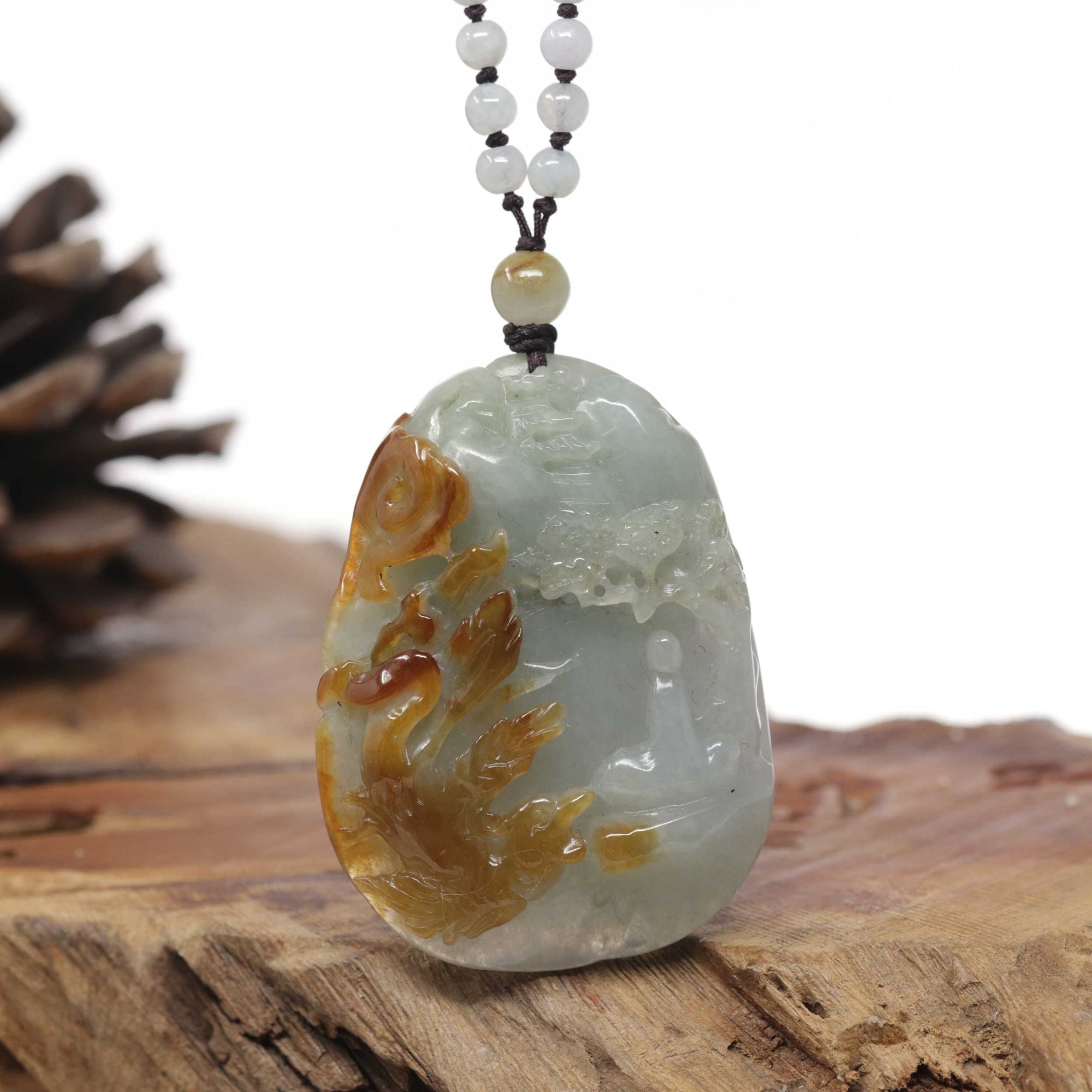 Baikalla Natural Red &amp; Blue-Green Jadeite Jade "Fire Phoenix &amp; Cherry Blossom" Pendant W/ Beaded Necklace