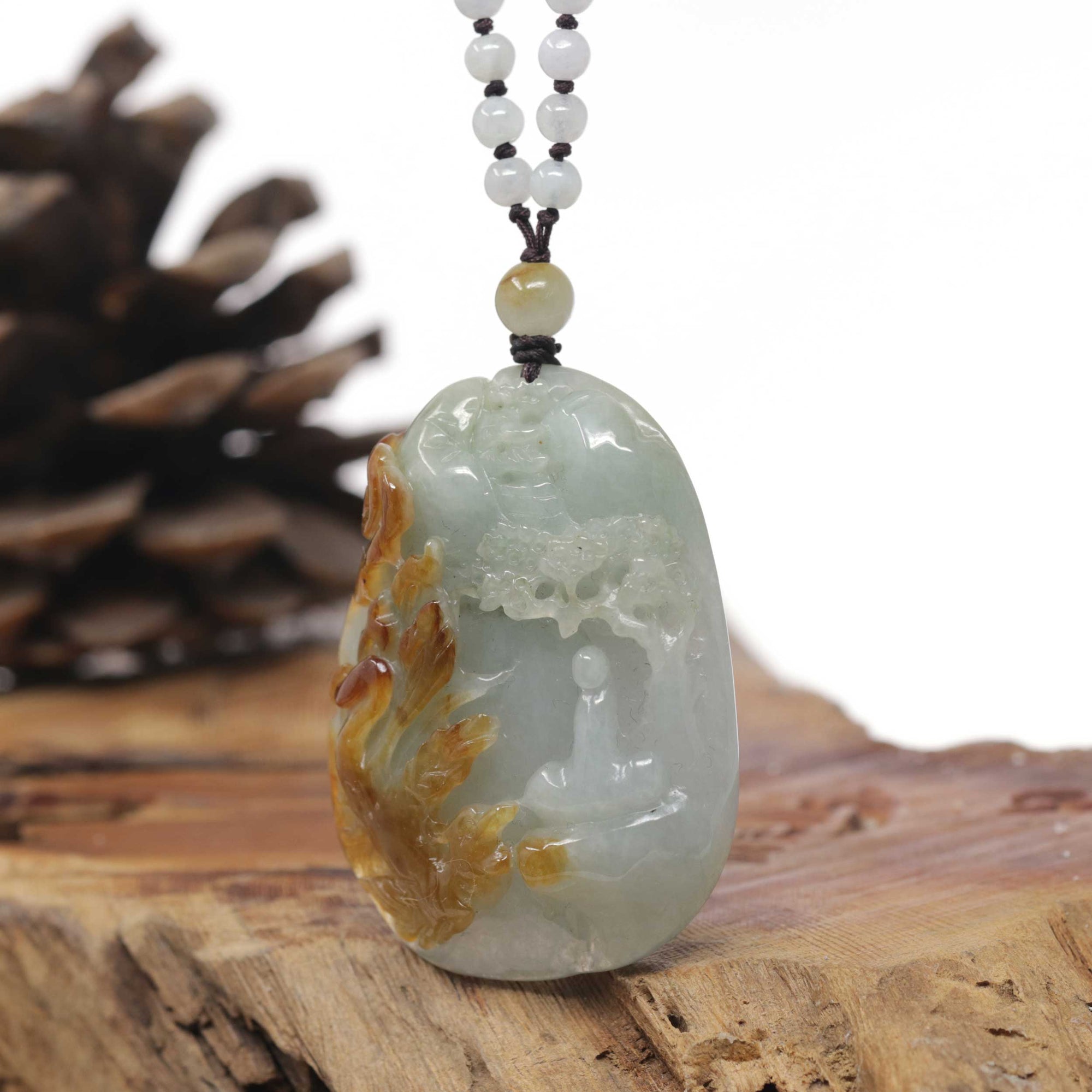 Baikalla Natural Red &amp; Blue-Green Jadeite Jade "Fire Phoenix &amp; Cherry Blossom" Pendant W/ Beaded Necklace