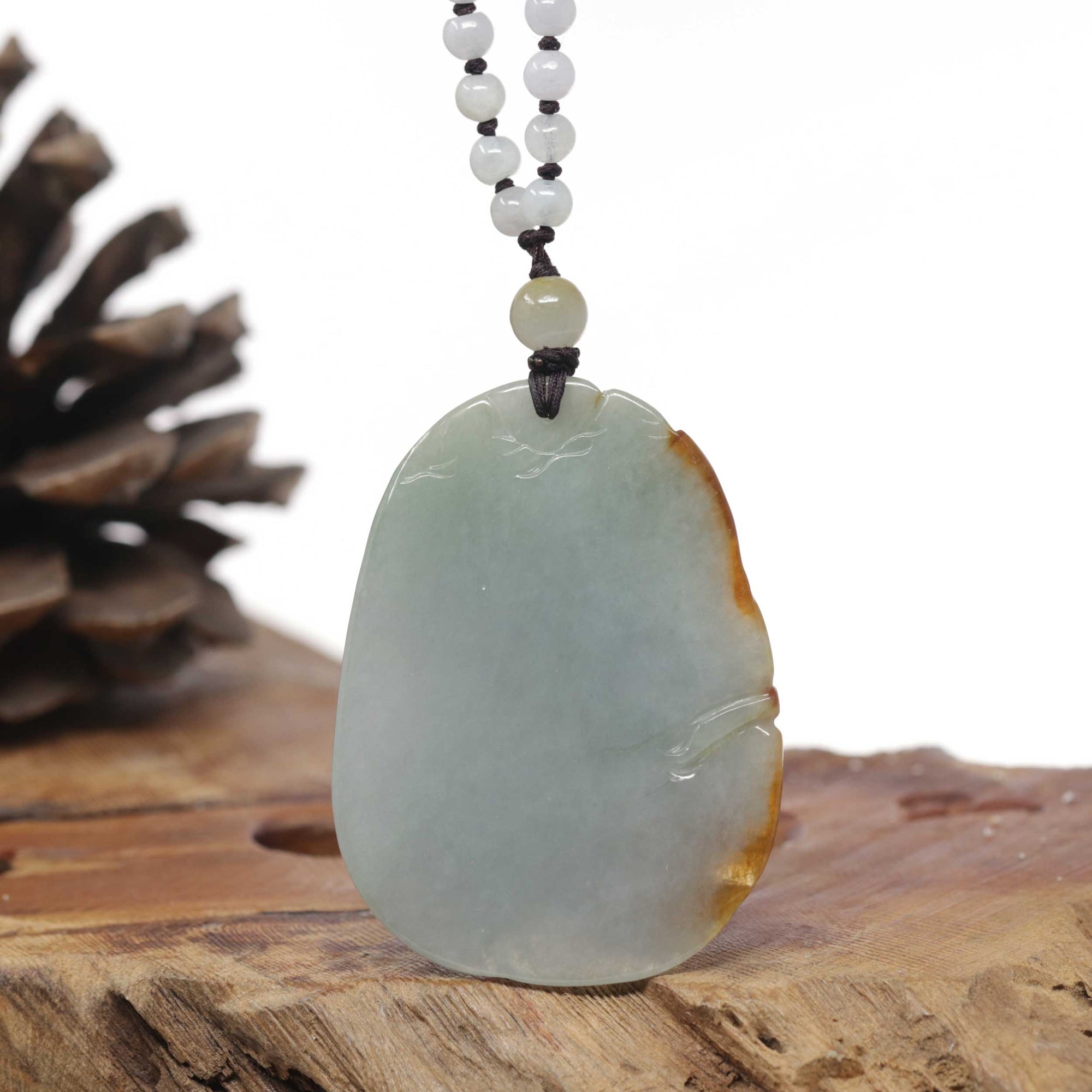 Baikalla Natural Red &amp; Blue-Green Jadeite Jade "Fire Phoenix &amp; Cherry Blossom" Pendant W/ Beaded Necklace
