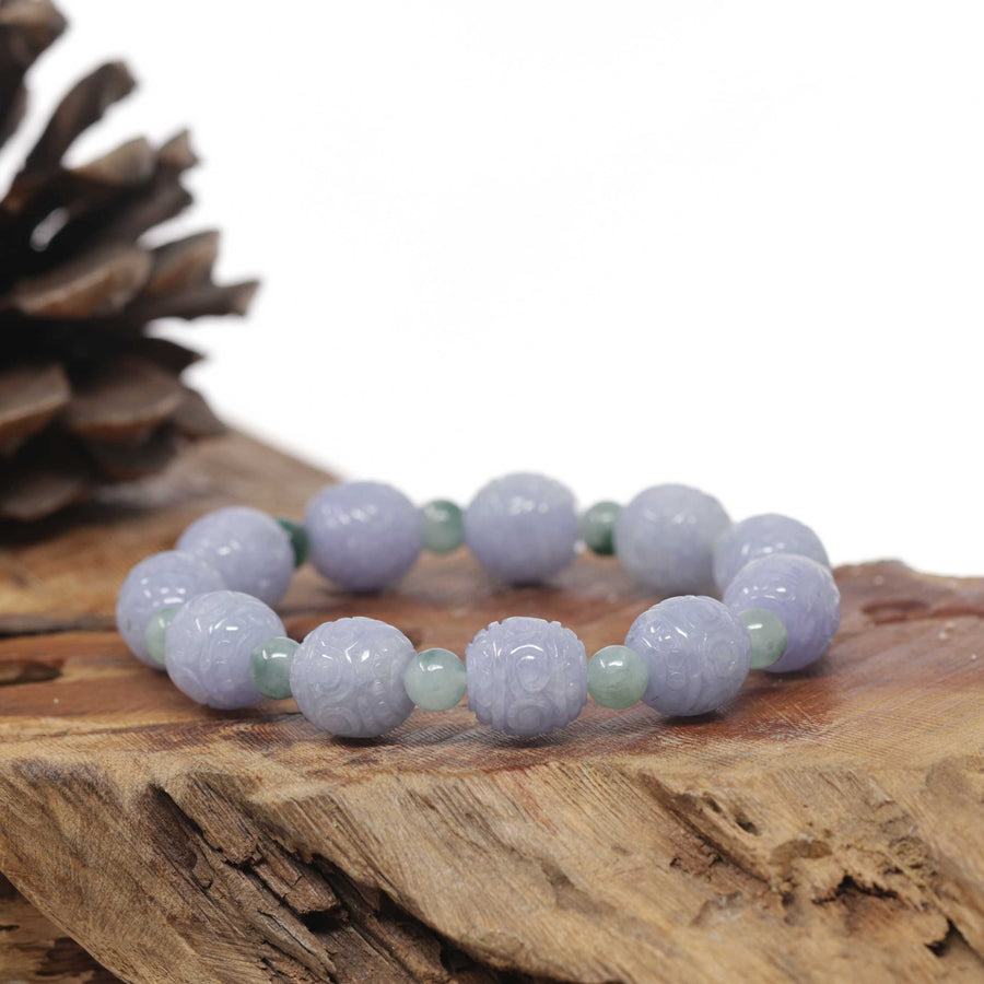 Baikalla Natural Vixen Lavender & Blue-Green Jadeite Jade Carved Bead Bracelet