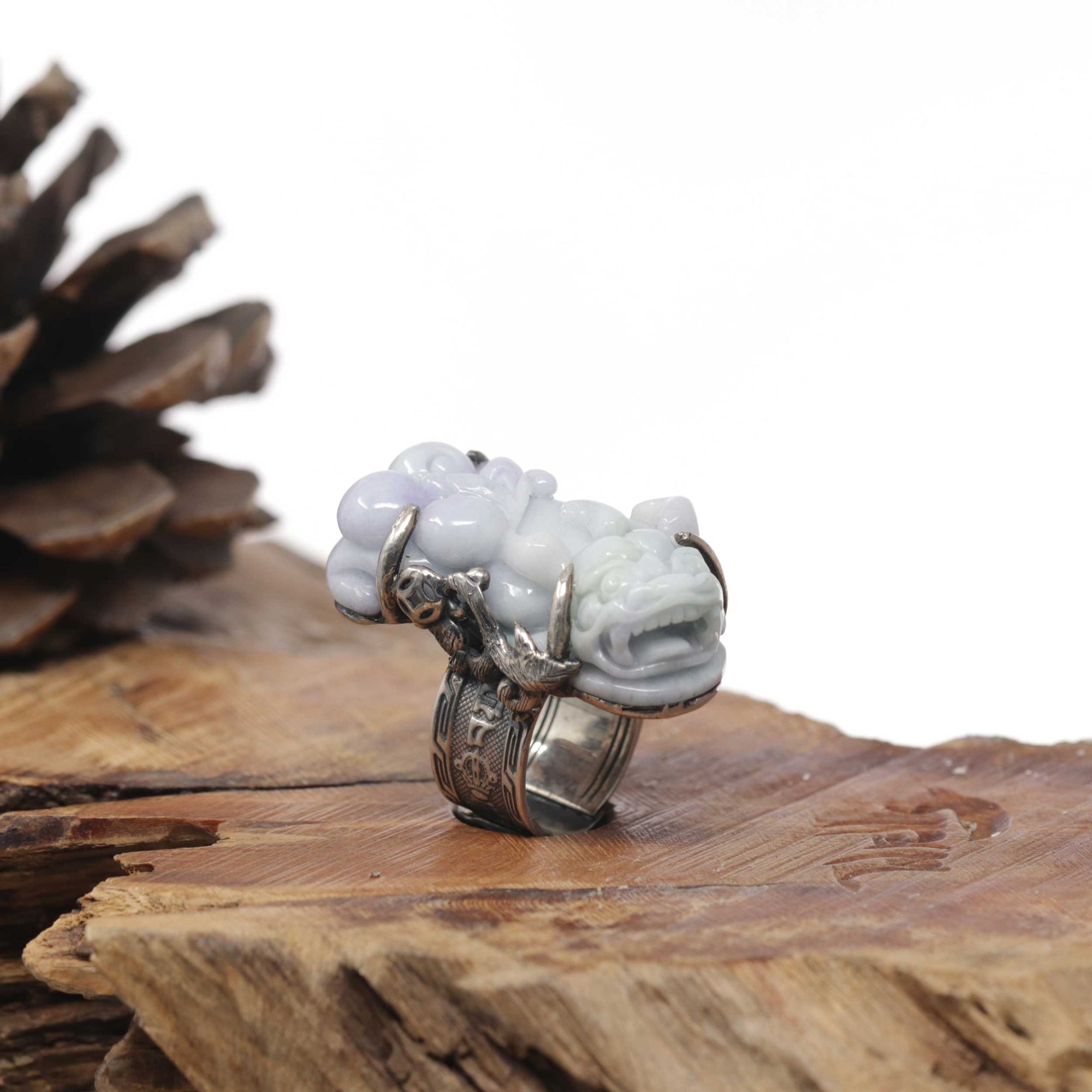Baikalla Natural Lavender &amp; Green Jadeite Jade "PiXiu" Sterling Silver Ring 