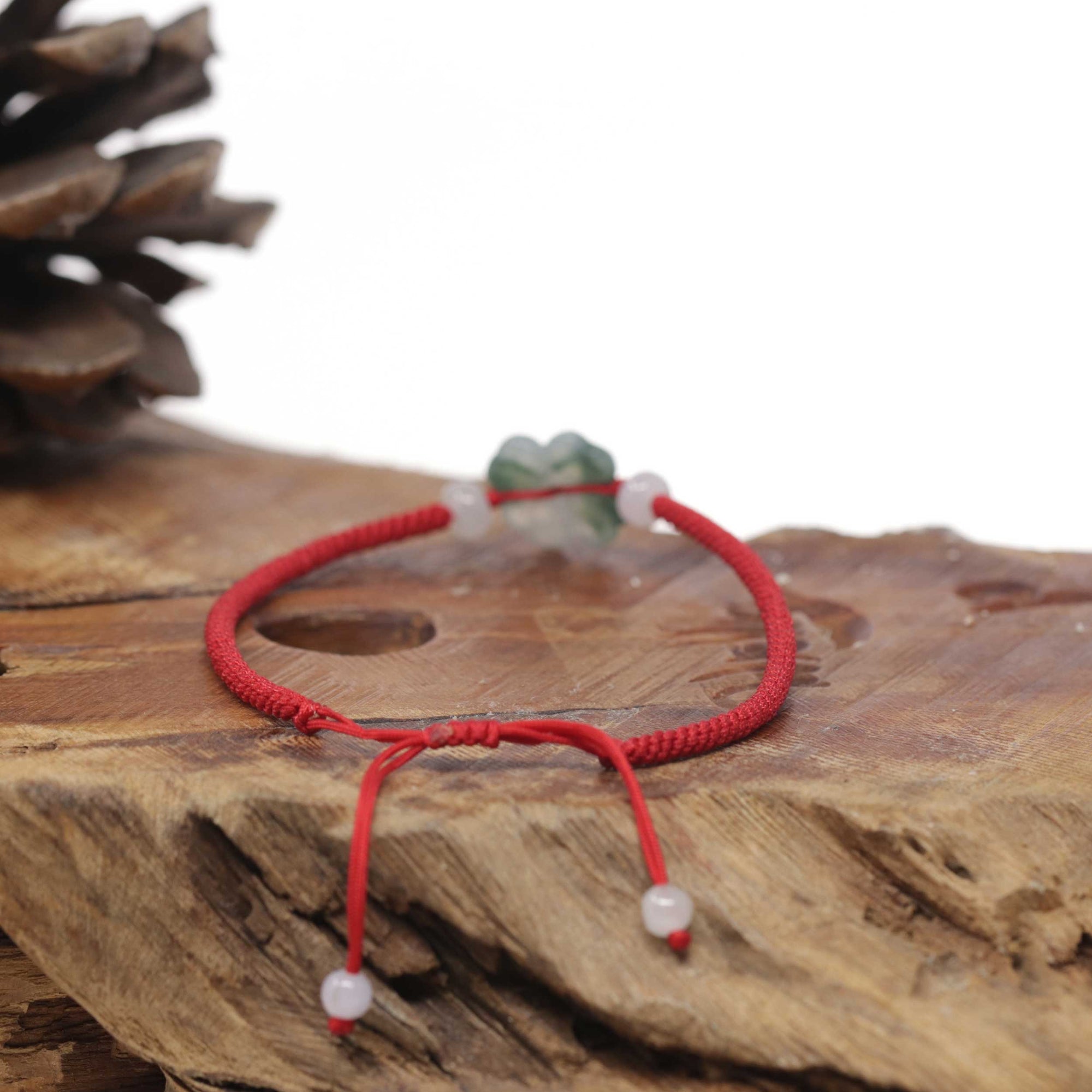 Baikalla Natural Icy Jadeite Jade "Lucky Clover" Braided Red Nylon Adjustable Drawstring Bracelet