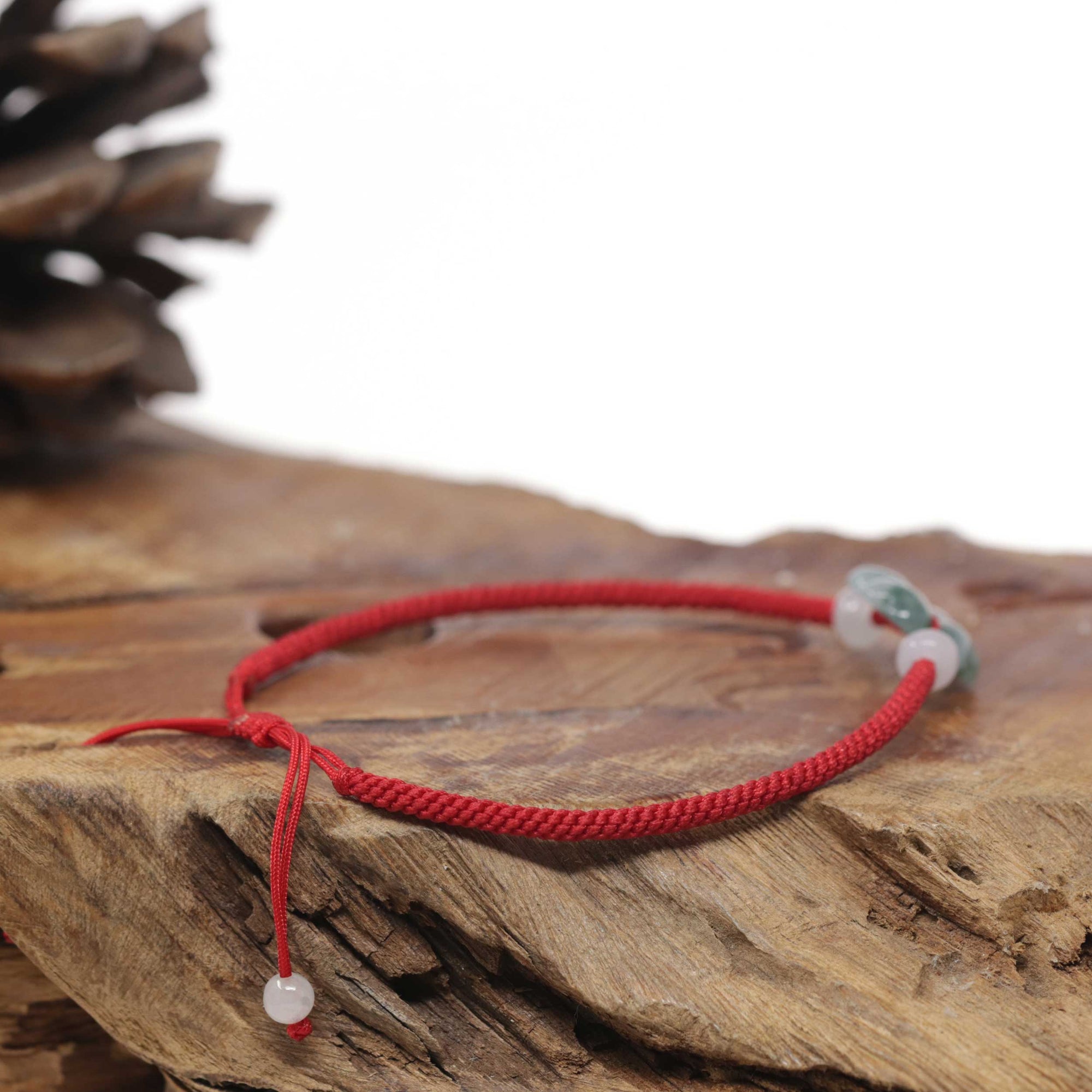Baikalla Natural Icy Jadeite Jade "Lucky Clover" Braided Red Nylon Adjustable Drawstring Bracelet