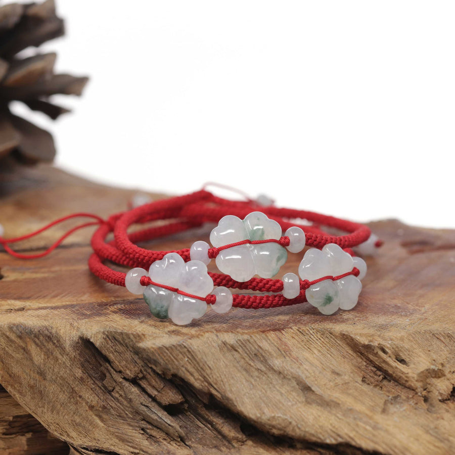 Baikalla Natural Icy Jadeite Jade "Lucky Clover" Braided Red Nylon Adjustable Drawstring Bracelet