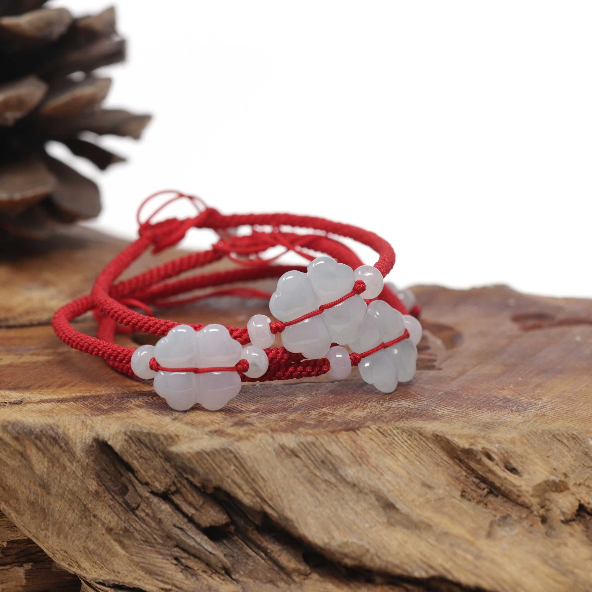 Baikalla Natural Icy Jadeite Jade "Lucky Clover" Braided Red Nylon Adjustable Drawstring Bracelet