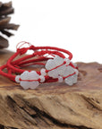 Baikalla Natural Icy Jadeite Jade "Lucky Clover" Braided Red Nylon Adjustable Drawstring Bracelet