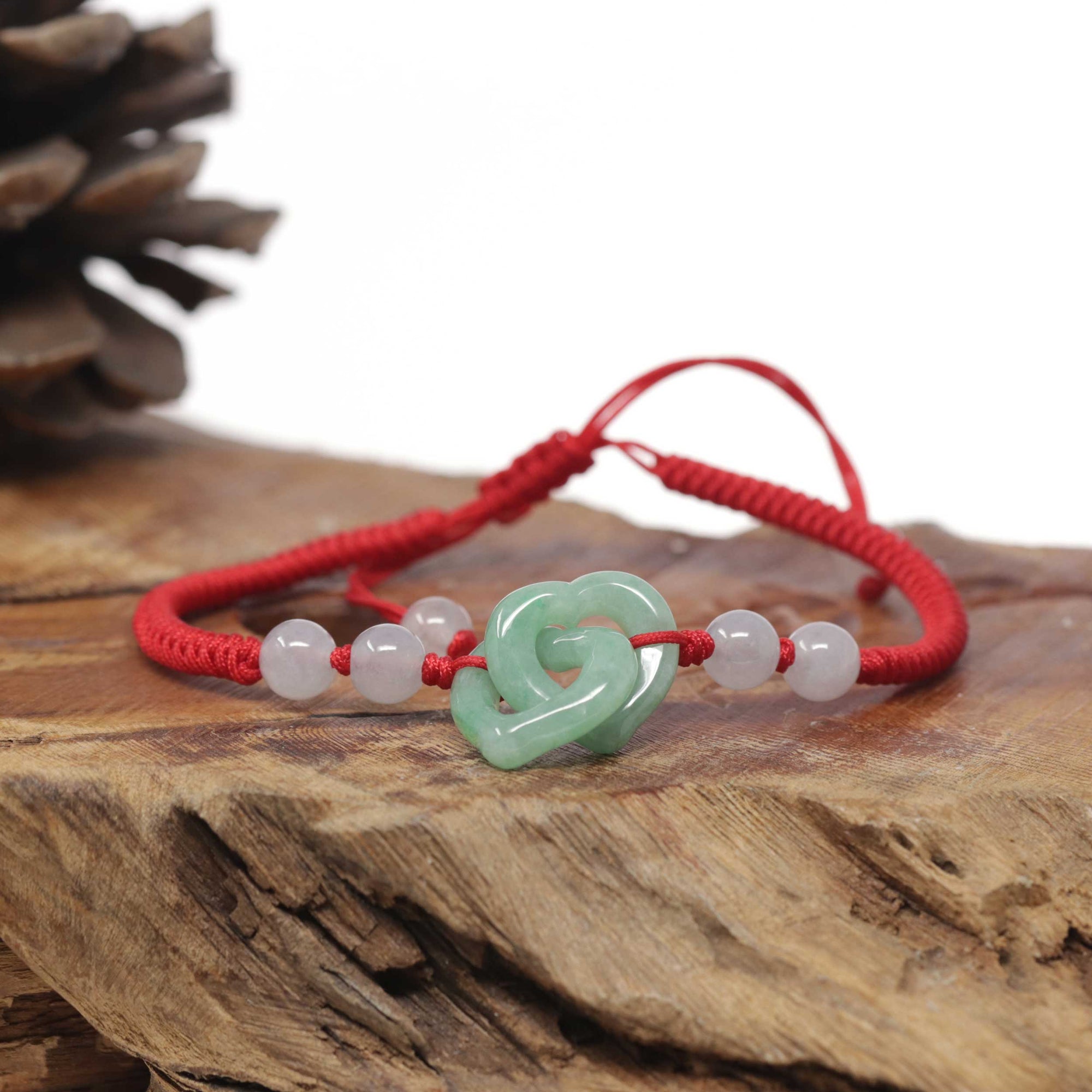 Baikalla Natural Apple-Green Jadeite Jade "Double Heart KouKou" Braided Red Nylon Adjustable Drawstring Bracelet