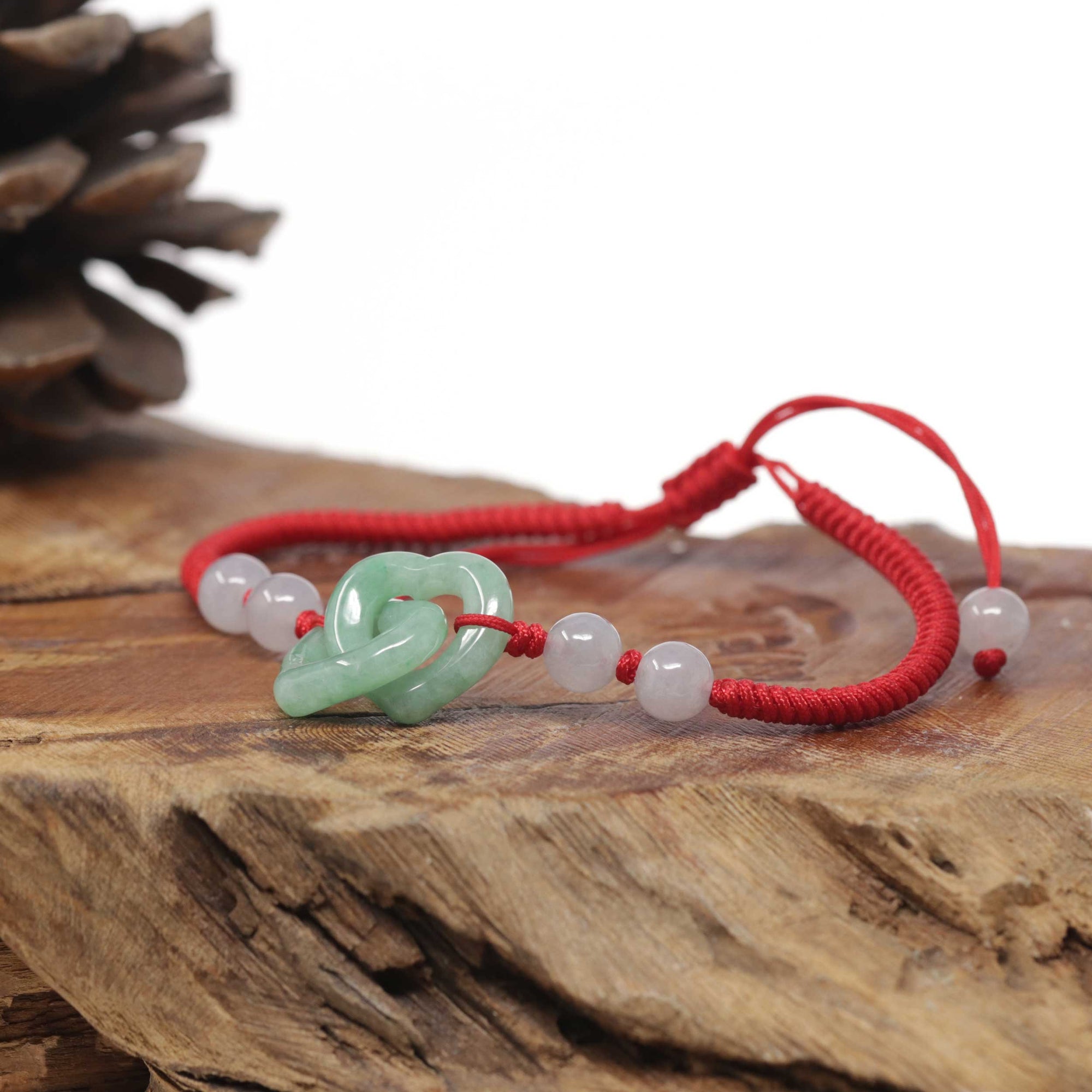 Baikalla Natural Apple-Green Jadeite Jade "Double Heart KouKou" Braided Red Nylon Adjustable Drawstring Bracelet