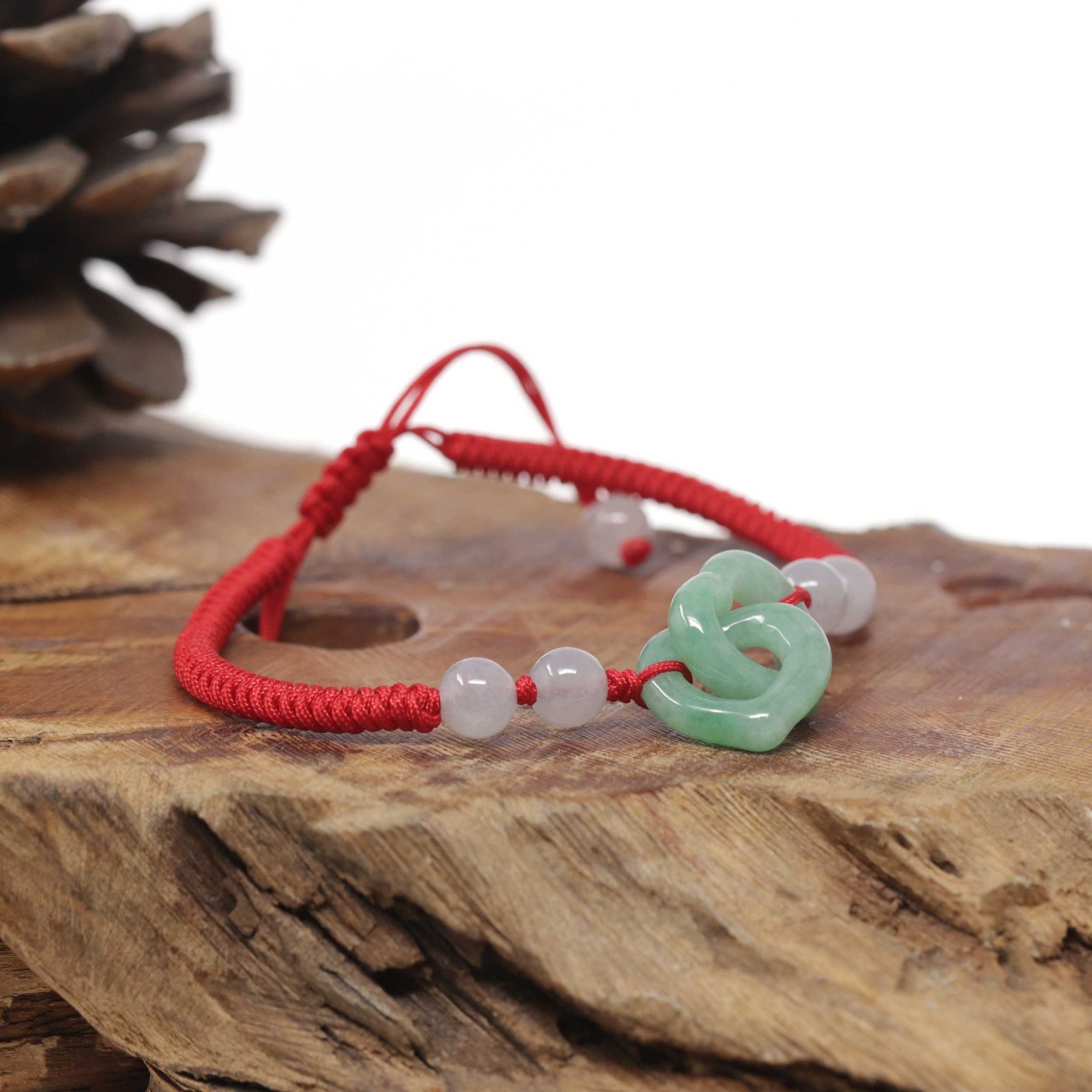 Baikalla Natural Apple-Green Jadeite Jade "Double Heart KouKou" Braided Red Nylon Adjustable Drawstring Bracelet