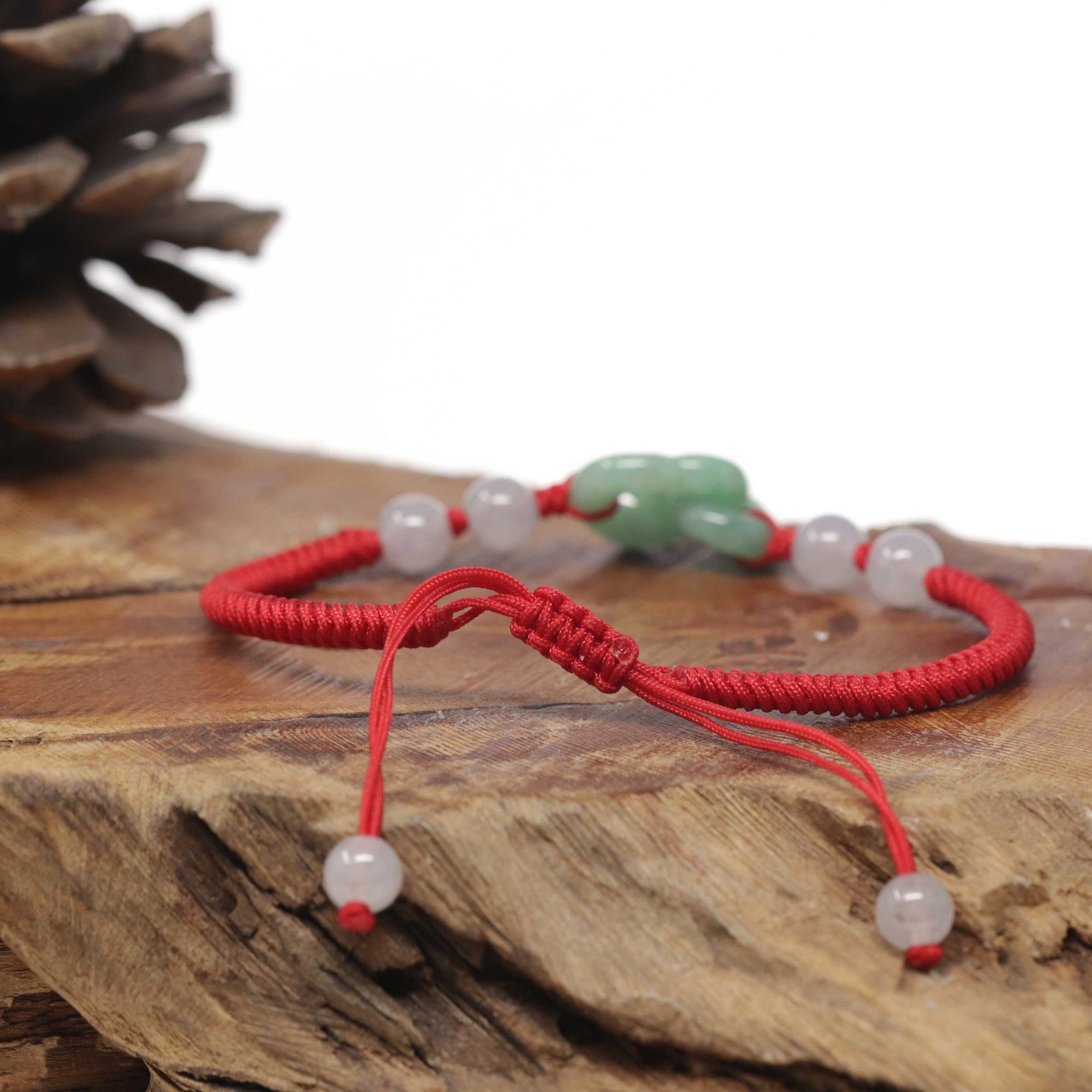 Baikalla Natural Apple-Green Jadeite Jade "Double Heart KouKou" Braided Red Nylon Adjustable Drawstring Bracelet