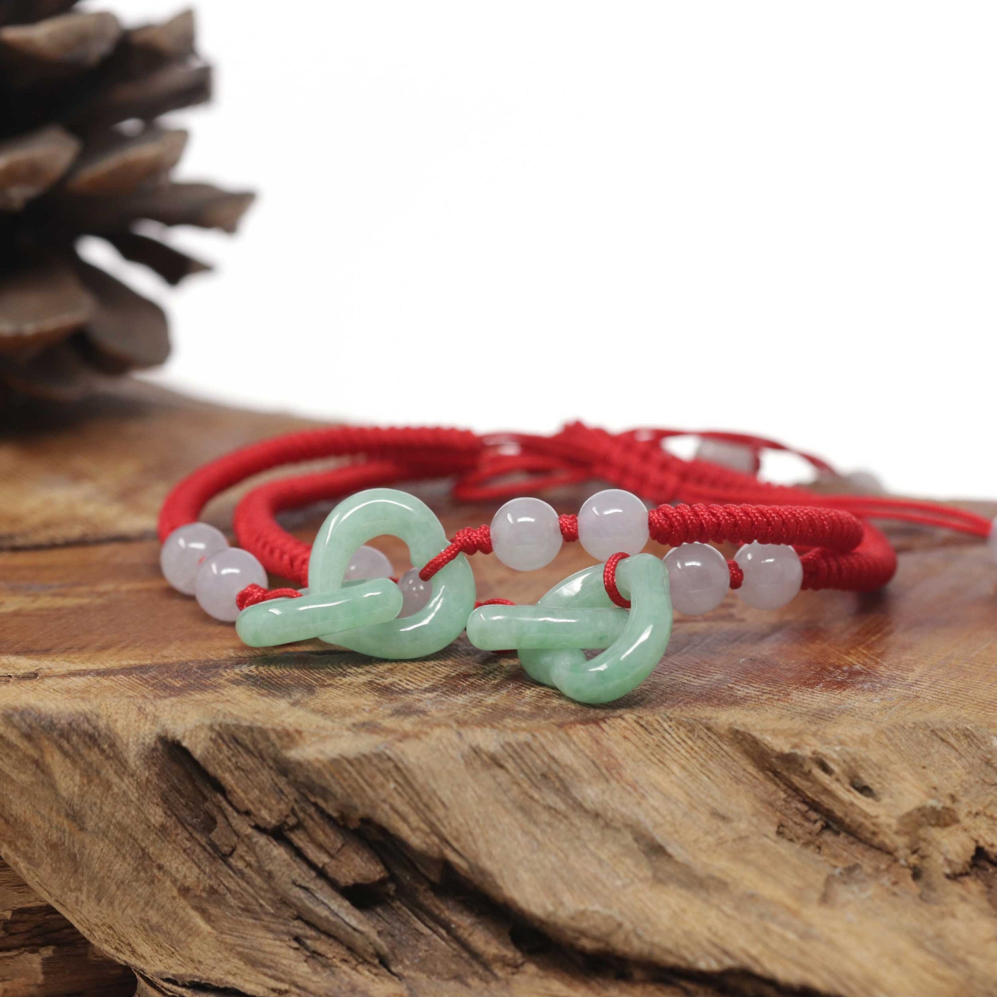 Baikalla Natural Apple-Green Jadeite Jade "Double Heart KouKou" Braided Red Nylon Adjustable Drawstring Bracelet