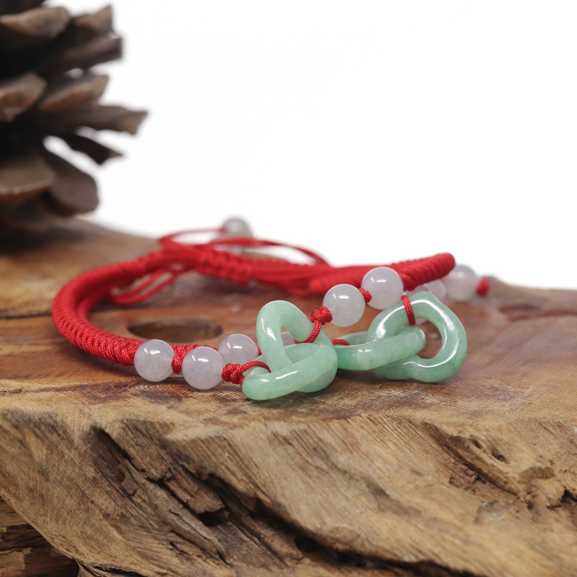 Baikalla Natural Apple-Green Jadeite Jade "Double Heart KouKou" Braided Red Nylon Adjustable Drawstring Bracelet