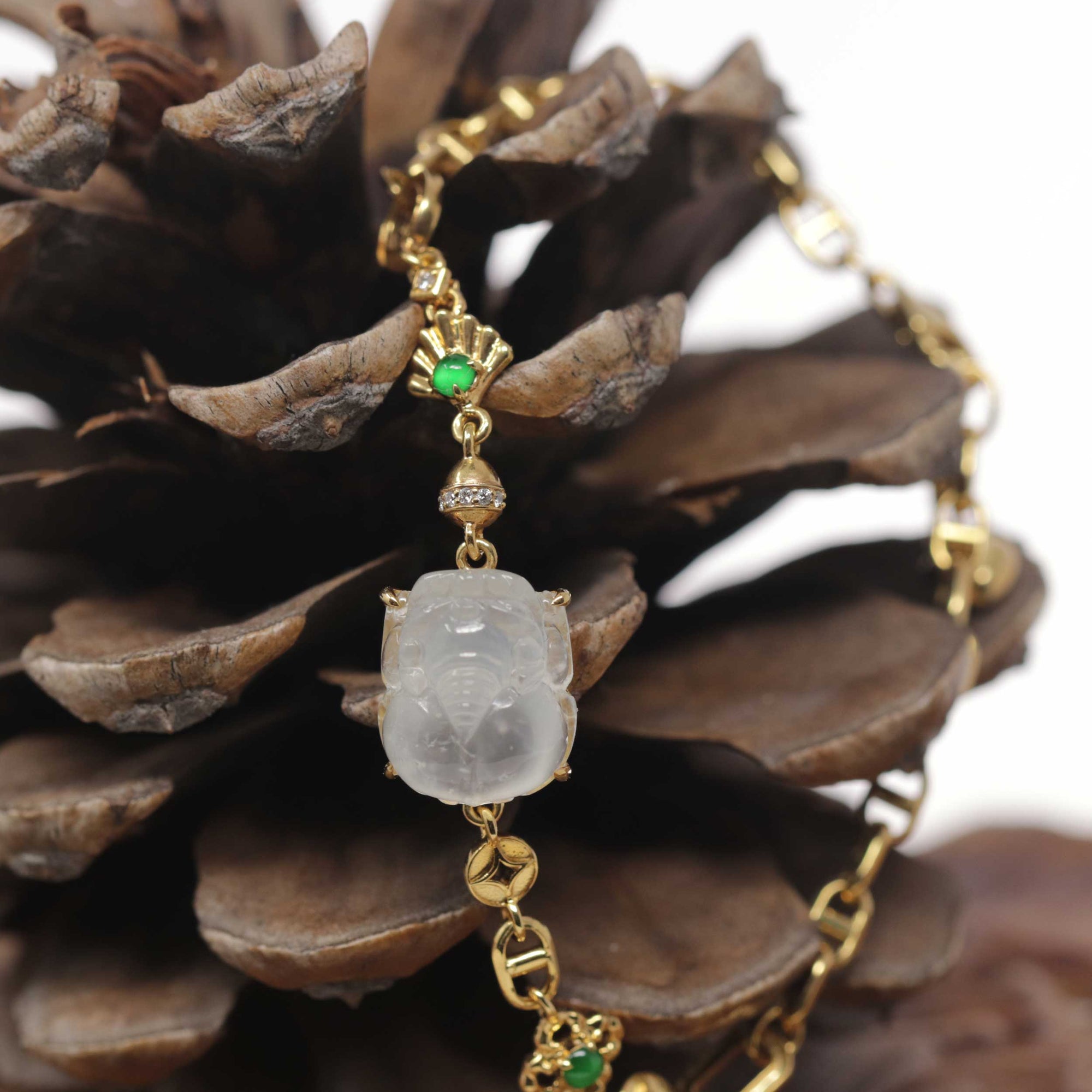 Baikalla 18k Yellow Gold &amp; Natural Icy Jadeite Jade PiXiu Bracelet W/ Imperial Green Jade &amp; Natural Diamonds