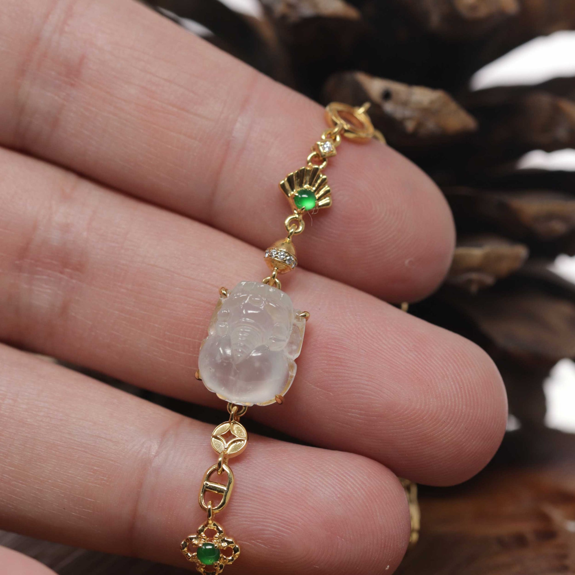 Baikalla 18k Yellow Gold &amp; Natural Icy Jadeite Jade PiXiu Bracelet W/ Imperial Green Jade &amp; Natural Diamonds