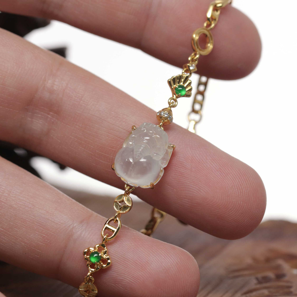Baikalla 18k Yellow Gold &amp; Natural Icy Jadeite Jade PiXiu Bracelet W/ Imperial Green Jade &amp; Natural Diamonds