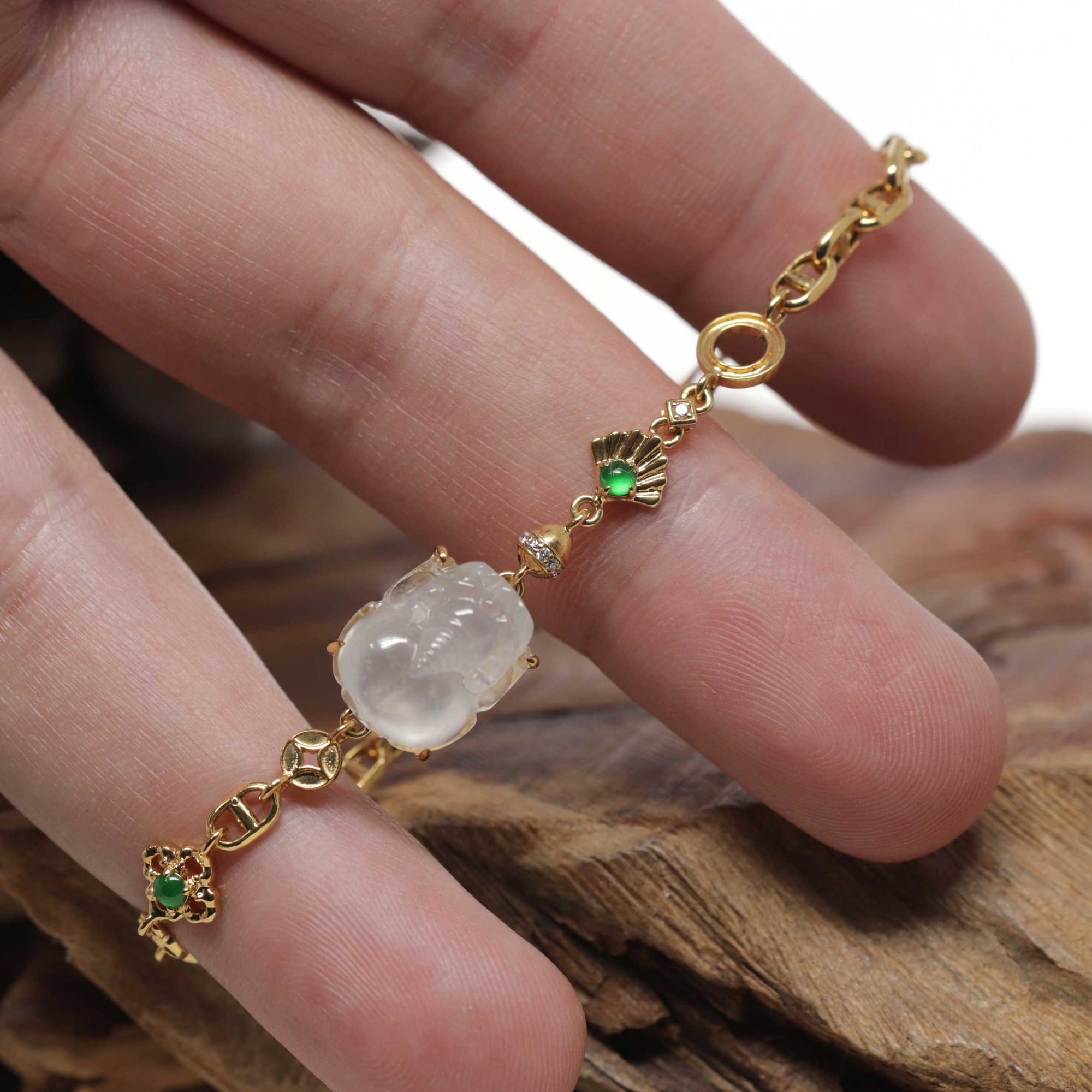 Baikalla 18k Yellow Gold &amp; Natural Icy Jadeite Jade PiXiu Bracelet W/ Imperial Green Jade &amp; Natural Diamonds