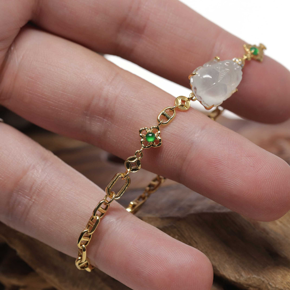 Baikalla 18k Yellow Gold &amp; Natural Icy Jadeite Jade PiXiu Bracelet W/ Imperial Green Jade &amp; Natural Diamonds