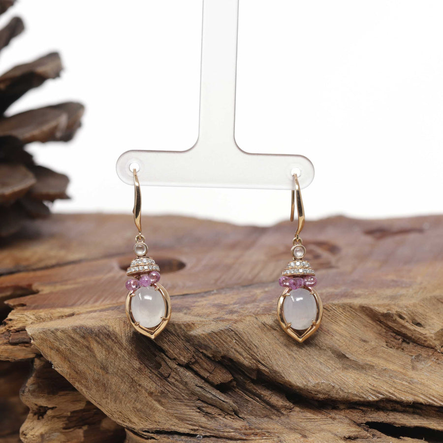 Baikalla Natural Icy Jadeite Jade Dangle Earrings W/ 18kr Gold, Natural Diamonds & Pink Rubies